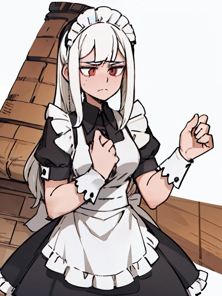 A girl frontal,((full bodyesbian,Long curly white hair,the maid outfit,Unhappy,irate)),Calf white silk,Put your hands in front,Young, White background