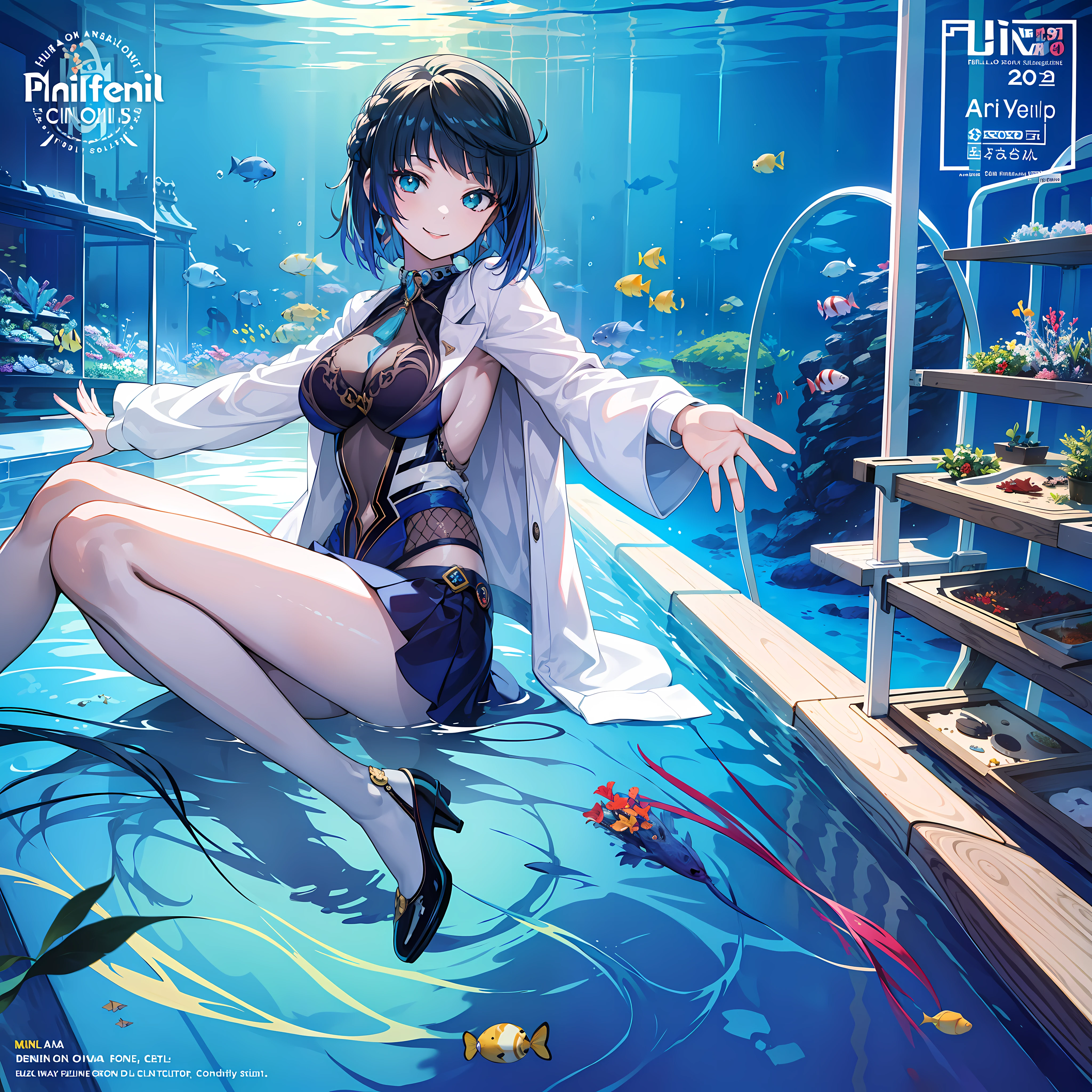 masterpiece, best quality, full body, (1girl), (smiling), ((solo)), (magazine:1.3), (cover-style:1.3), fashionable,Under water, (in side tunnel aquarium),
