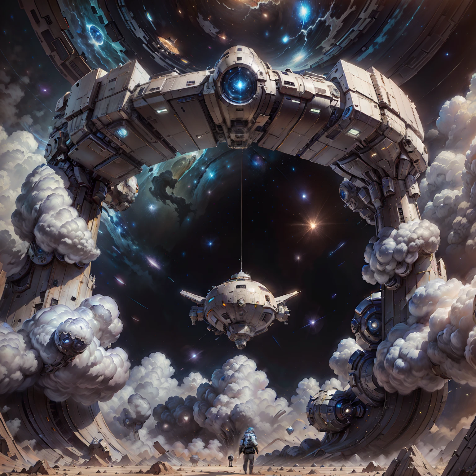 Endless starry universe，Realistic painting style，In space，Large space station