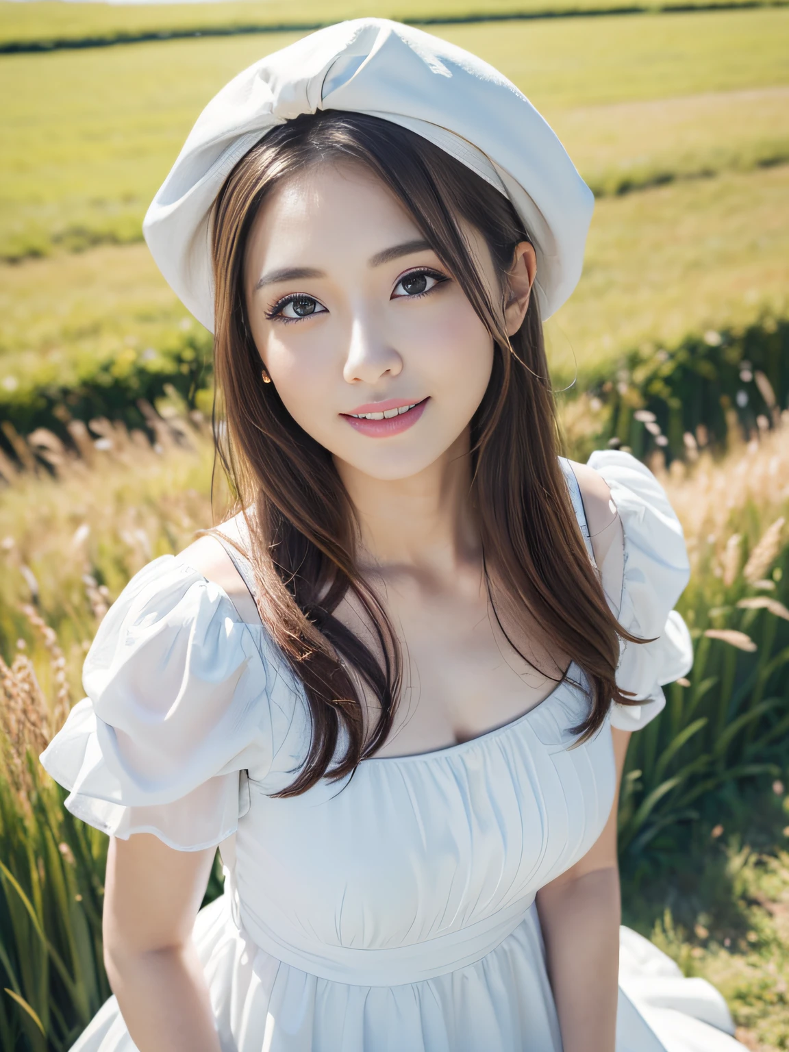 8K、Raw photography、(masuter piece:1.2)、(Photorealsitic:1.2)、(best qualtiy)、((Adult woman with white summer dress and corolla on her head))、((japanes、25-years old))、Light brown hair in one woman、((full bodyesbian))、make - up、Smart body、A smile、Poses variadas、hyperdetailed face、A detailed eye、((No close-ups))、(grass field、blue-sky)