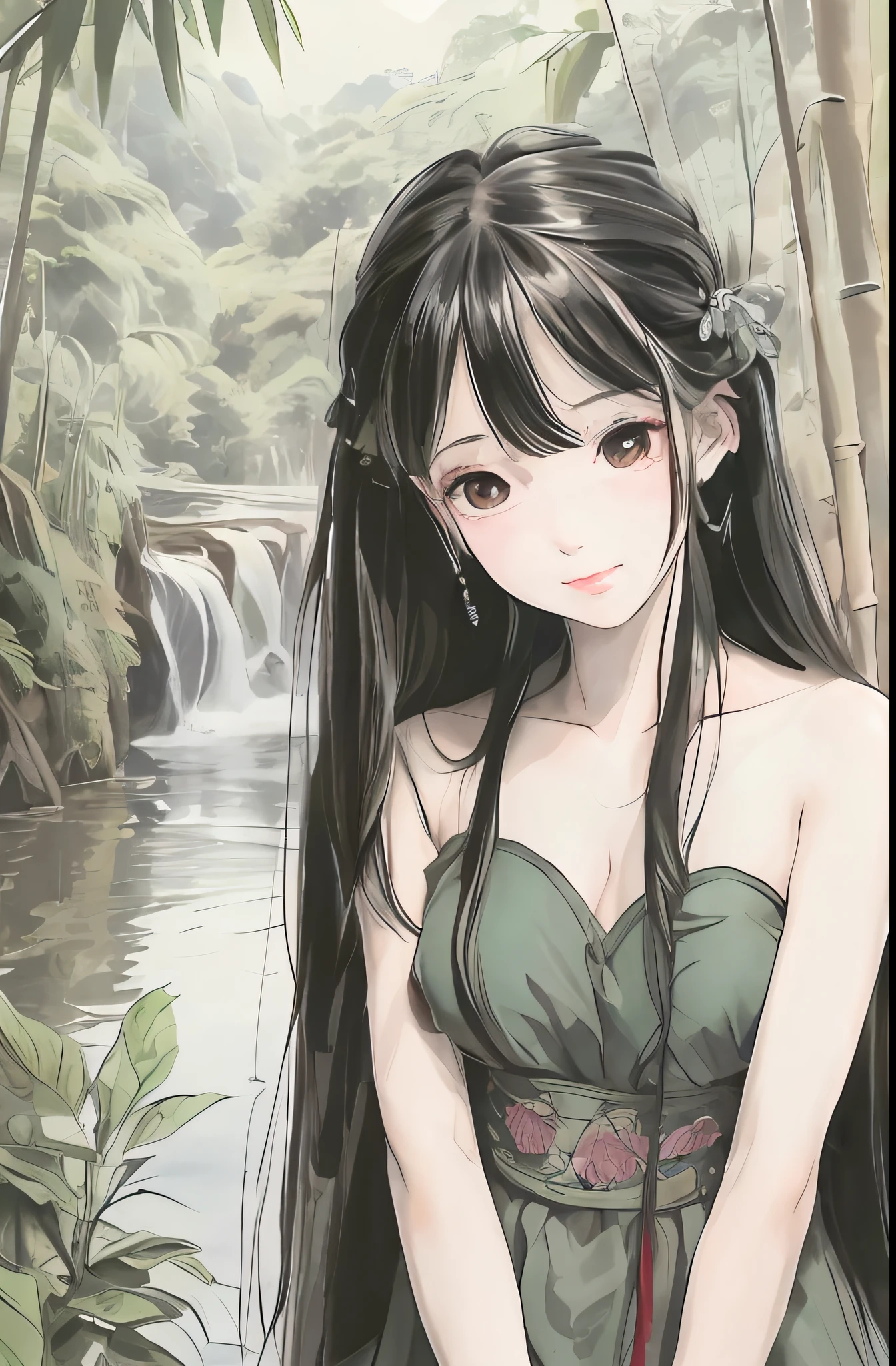Masterpiece, Best quality, offcial art, 8K wallpaper, Highly detailed, illustration, 1 girl, Black hair, Long hair, Detailed eyes, bamboo forrest, Bare shoulders, lakes, Pure, Soft smile,