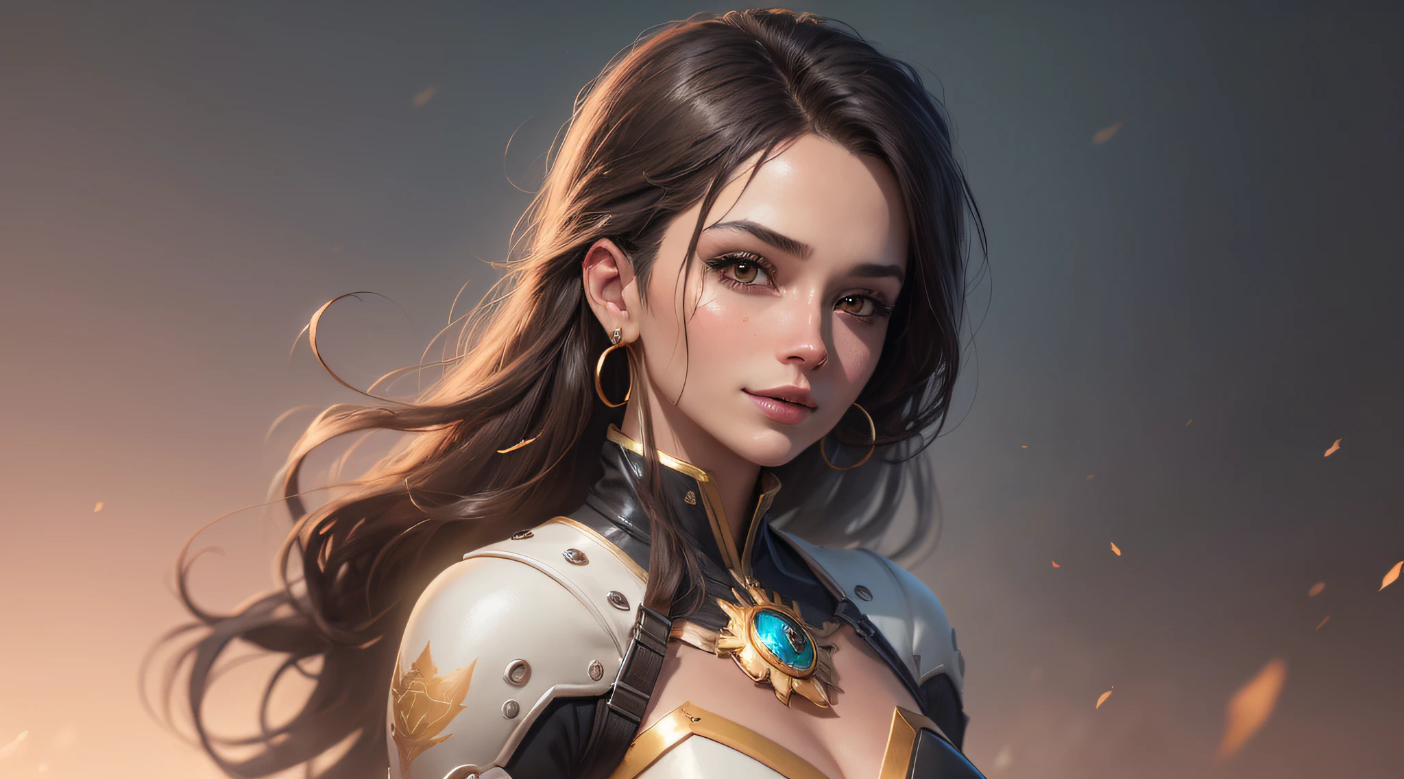 Mercy overwatch, Beautiful portrait of a gorgeous Black African Princess, beautiful black princess, round shaped face, round button nose, glowing black glass skin, sparkling hazel brown eyes, highlighted chestnut brown long straight hair, adorned in intricate golden jewelry, confident half smile, smirk, no face painting, dramatic crisp sharp lighting, intricate, wild, exotic beauty, highly detailed, digital painting, artstation, concept art, smooth, sharp focus, illustration, art by artgerm and greg rutkowski and alphonse mucha, footage from space camera