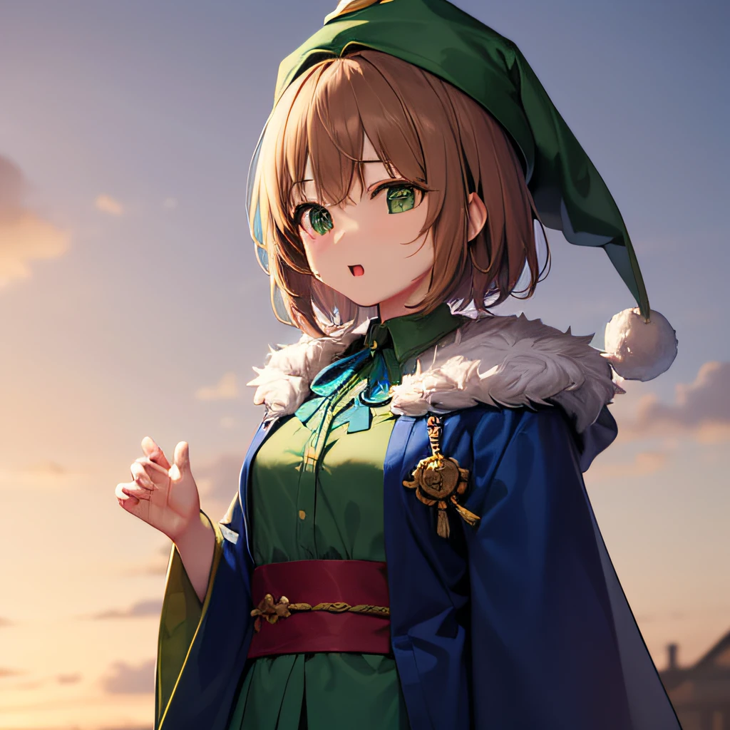 top-quality、extremely delicate and beautiful、((A teenage girl))、Green eyes、Small breasts、Short hair、Brown hair mixed in、Short hair、(Green Wizard Hat)、（a large blue ribbon on the head）Soio、Green clothing、long-sleeve、Red brooch on the neck、((Blue wizard robe dressed in green))、Standing