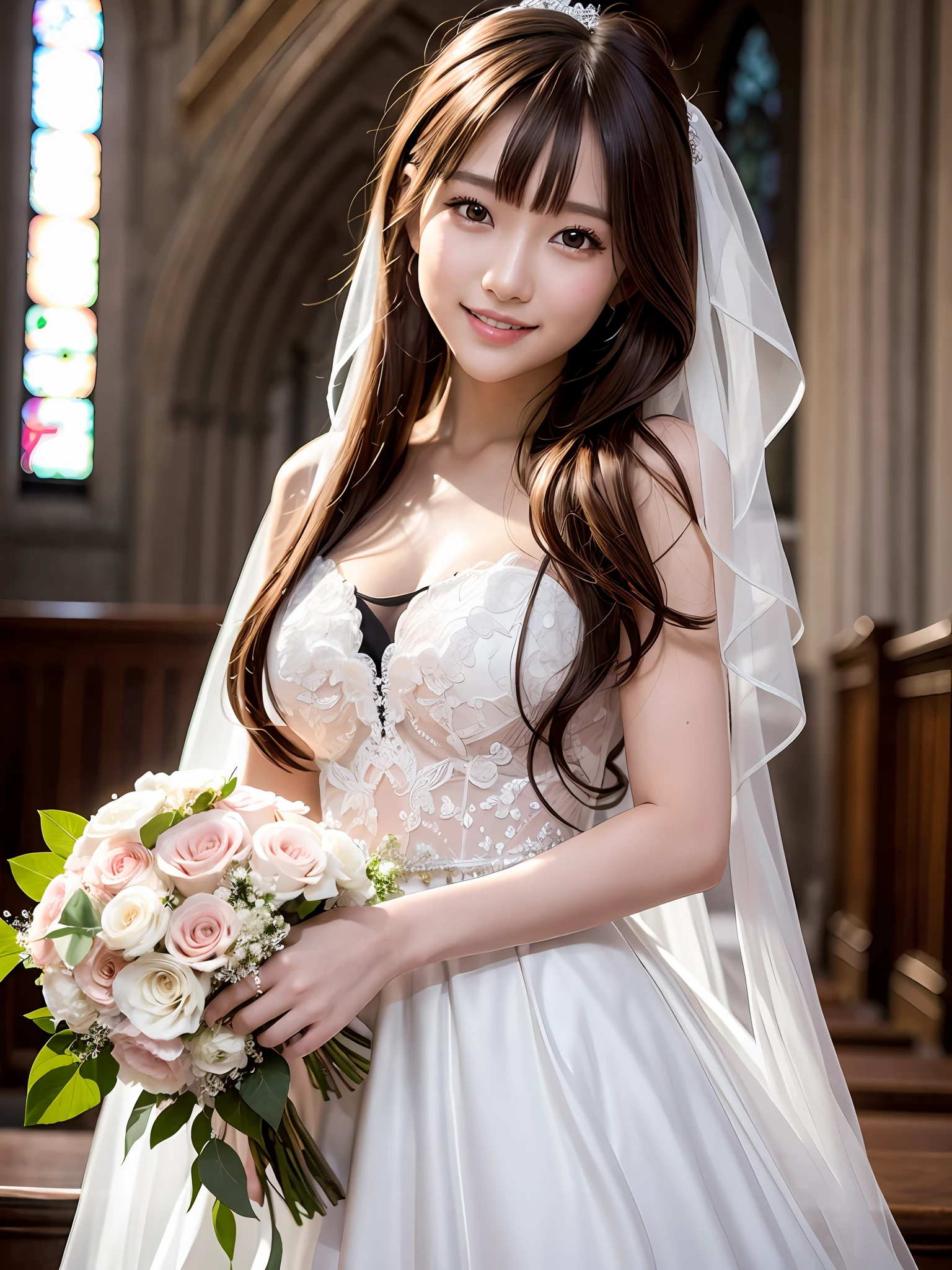 the best quality, 1 girl per 1 photo, cowboy shot, directly front view, a Japanese young pretty girl, french braids hair, putting on the veil, wearing a white shiny silk wedding dress with a big smile, holding one bouquet with both hands in a church, hyper cute face, glossy lips, double eyelids for both eyes, glamorous makeup, shiny smooth light brown hair, asymmetrical bangs, tanned skin, central image, 8K resolution, high detail, detailed hairstyle, detailed face, cinematic lighting, octane rendering, hyper realistic, perfect limbs, perfect anatomy