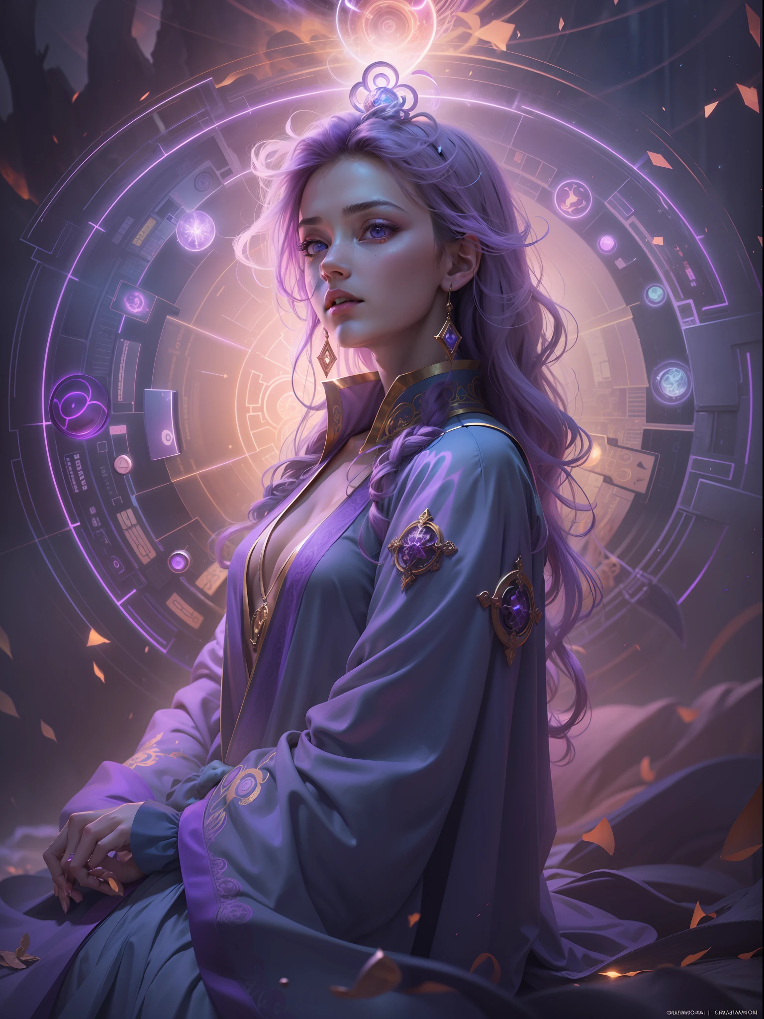 Picture quality:A masterpiece of high detail,8K,High resolution Body content:1girll,16 yaers old,Full body position, Broad perspectives,wears a long robe,Glowing hair,long leges,A stunned and confused expression on his face,The purple magic wheel unfolded behind it,Behind him is the mysterious oversized purple chakra purple light,Countless glowing quicksand swirled around this figure,Mysterious top light,The feeling of being high,Background with:A dazzling paradise,enviroment:fanciful,Full of mystery,Buddha is filled with purple light,utopian,Bask in the breath of chaos,Hopeful,Divine piety,mystical ambiance:Mysterious and unknowable sense of light,Intense violet light,Magic beam,The fantasy of the future world is intertwined with reality,Color:Infused with ethereal hues and luminous purple hues,White-blue,High purity color, composition:closeup cleavage,closeup of face, Style reference:Virtual Engine,The magical texture of a spooky spark,Chaotic real world