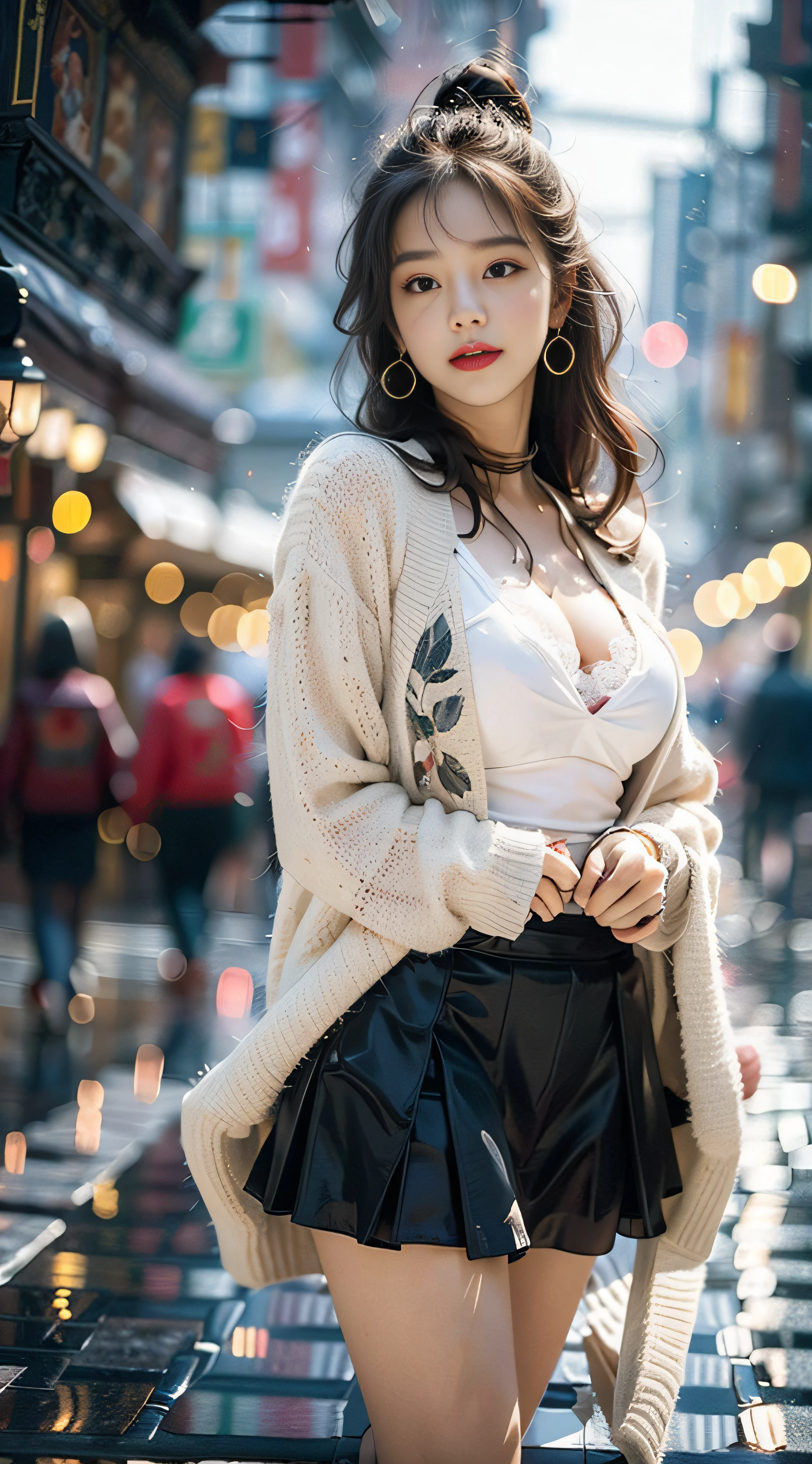 ((best qualtiy,tmasterpiece,超高分辨率)),(realisticlying:1.4),(Korean star poster-like),1girll,From head to knees,Dynamic posture,adult face,Slim,(ssmile),(shiny skins),(contours,frontage,eventide),whaite hair,long whitr hair,黑The eye,(big breasts)shion,((White plush coat)),Lace,(short skirt),(nevando:1.5,pedestrian street,The city in winter),(Clear eyes),(Clear nose),(Clear lips),(Fair skin),(Ultra-realistic textile textures)