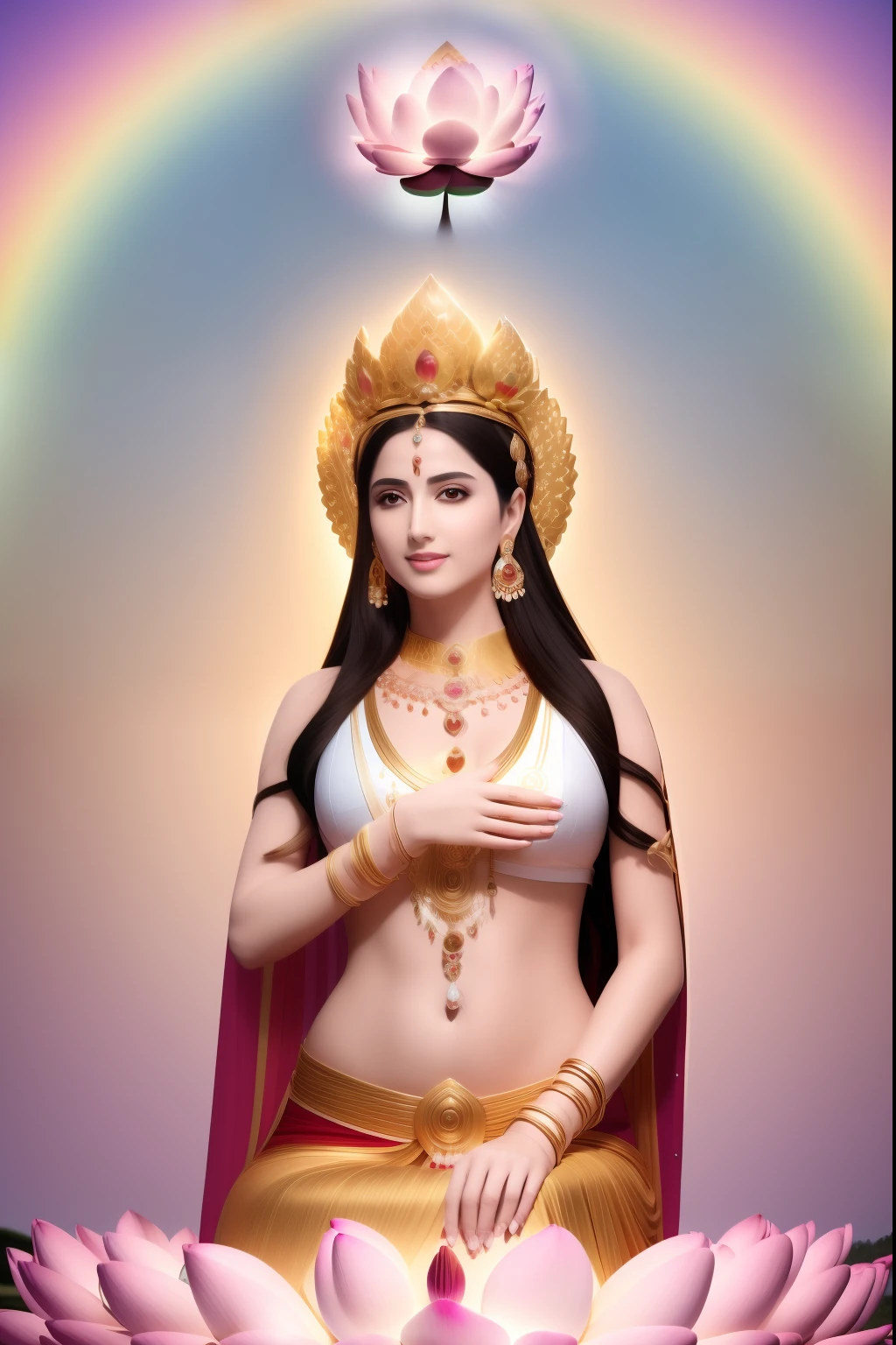 There is a beautiful goddess standing on a large lotus flower in the void，Perfect body posture，（Long curved eyebrows），Beautiful eyes sparkle，The large, Jewel-like eyes sparkle，Clear pupils have reflected light，二重まぶた，Lying silkworm，（（Plump and rosy lips））Nipples clearly visible，（（Flushed cheeks）），The mandible is plump，Fair skin is delicate and smooth，Delicate skin translucent，A delicate and dexterous crown，inlaid gemstones，Exquisite and ingenious，inlaid gemstones，Sitting on a light red lotus in the air，look straight at the camera，（（Pinch the stem of the lotus flower with one hand）），(((nice hand)))，（（（（Good feet））），（（（good legs））），realisticlying，white skinned，（（Correct body structure）），White clothing，decorated in white，baiyun，Blue sky，Head background with round light，Behind him is a colorful rainbow circle，Color glow is turned on，Front lighting，Positive light，No shadows on the face，There are no shadows on the body，Blue sky，Unreal space，ethereal world，dreamworld，with blue sky and white clouds，tmasterpiece，4K，ultra-definition，professional photoshooting，Perspective looks up，Standard lens shooting，