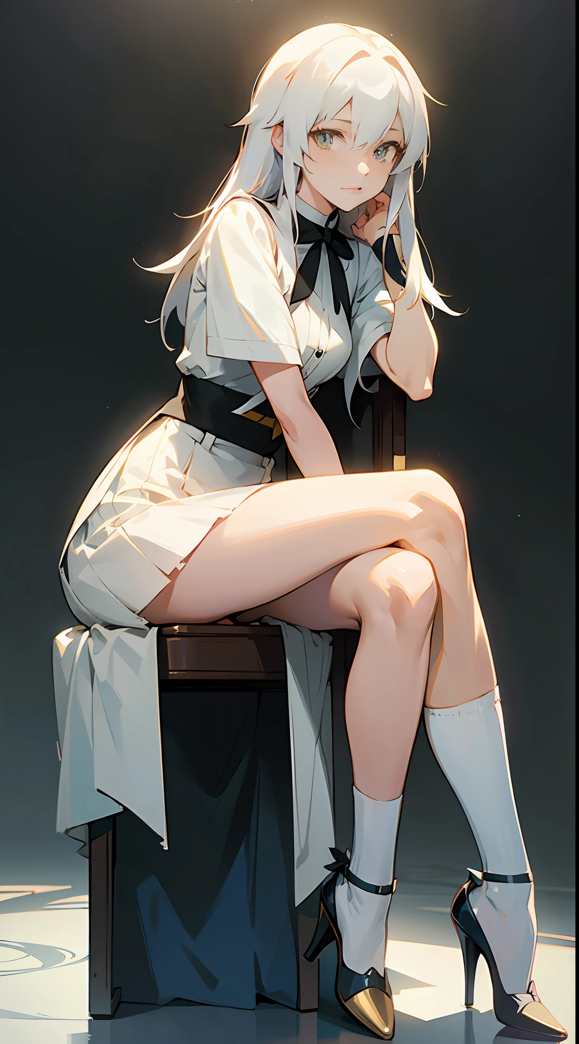 Long white hair,long leges,White calf socks,Moist body,White skin,Makoto Shinkai-style heroine,Sit sideways in a chair,Close-up Shot Shot,Stiletto heels ,Cinematic lighting effects,Side of the character,Beautiful pupils,white skirt,white backgrounid,Pixiv style,Key artistic women in Kusakrenz,Anime art wallpaper 8K --auto