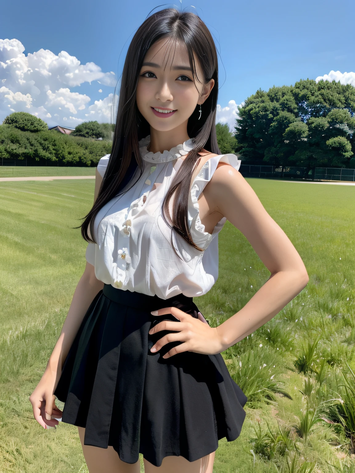 8K、Raw photography、(masuter piece:1.2)、(Photorealsitic:1.2)、(best qualtiy)、((Sleeveless with white frills))、((Adult woman in black skirt))、((japanes、25-years old))、Light brown hair in one woman、((full body Esbian))、make - up、Smart body、A smile、Poses variadas、hyperdetailed face、A detailed eye、((No close-ups))、(grass field、blue-sky)
