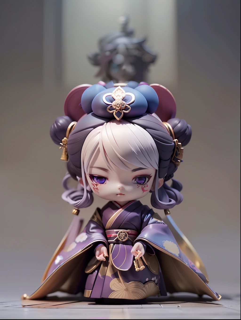 (Blind box toy style:1.2), (Full body shot) , 1 Plastic cute Japanese geisha ,Purple kimono, solo，(circular base）， Japanese geisha style, dreamy glow, Dirty, Brown undertone, Battle damage style( Global illumination, Ray traching, hdr, unreal render,reasonable design, high detal, Masterpiece, Best quality, hyper HD, Cinematic lighting)