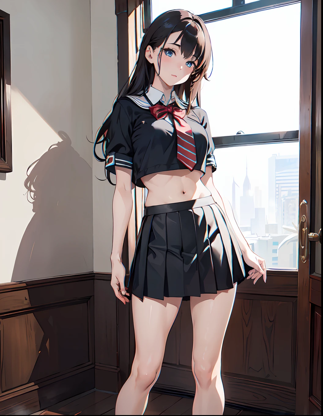 (masterpiece, best quality), beautiful girl, uniform skirt (detailed beautiful eyes) underwear, full body shot, visible bellybutton
