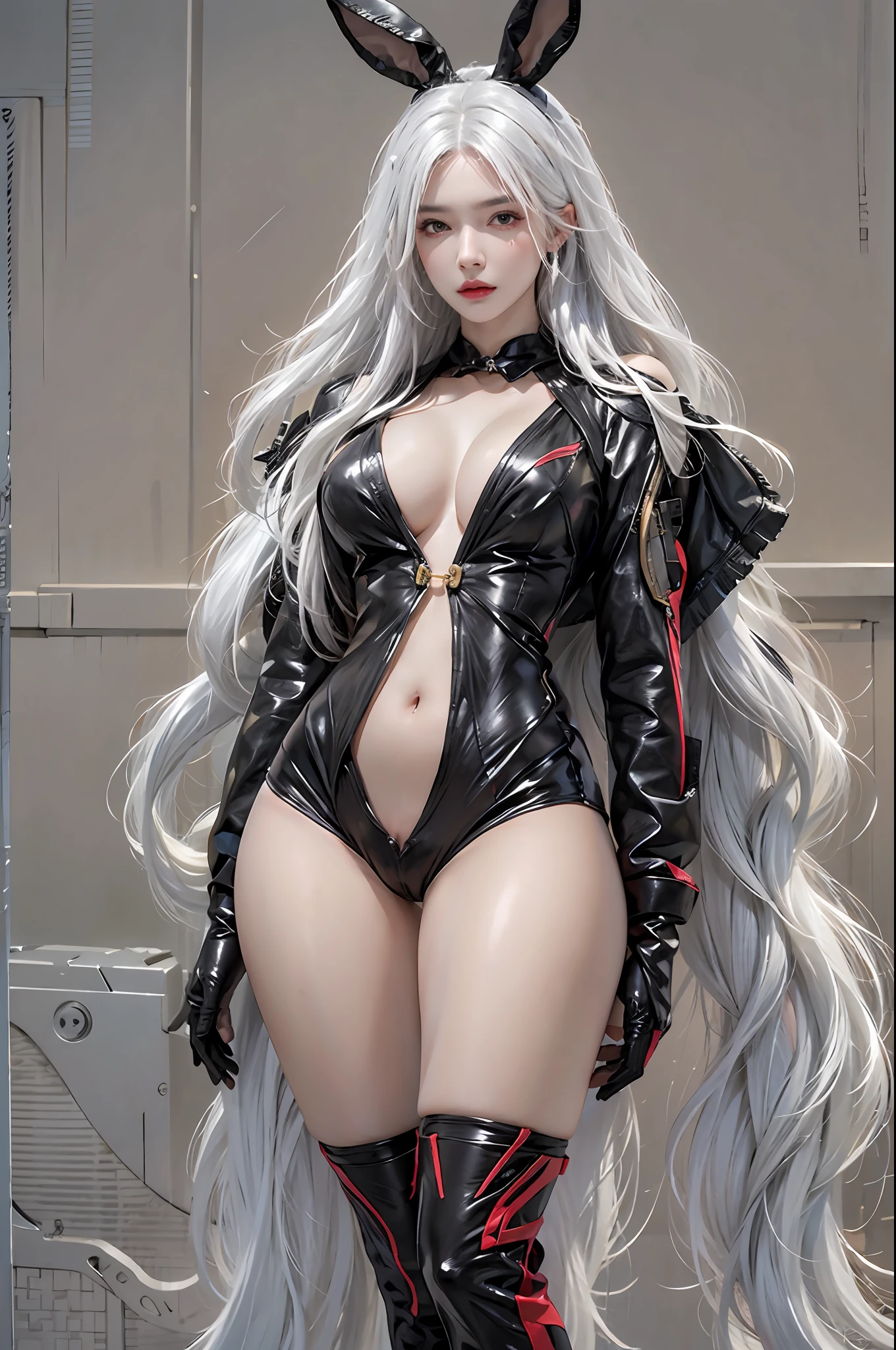 photorealistic, high resolution, 1women, solo, hips up, look at viewer, (detailed face), white hair, long hair, black reverse bunnysuit