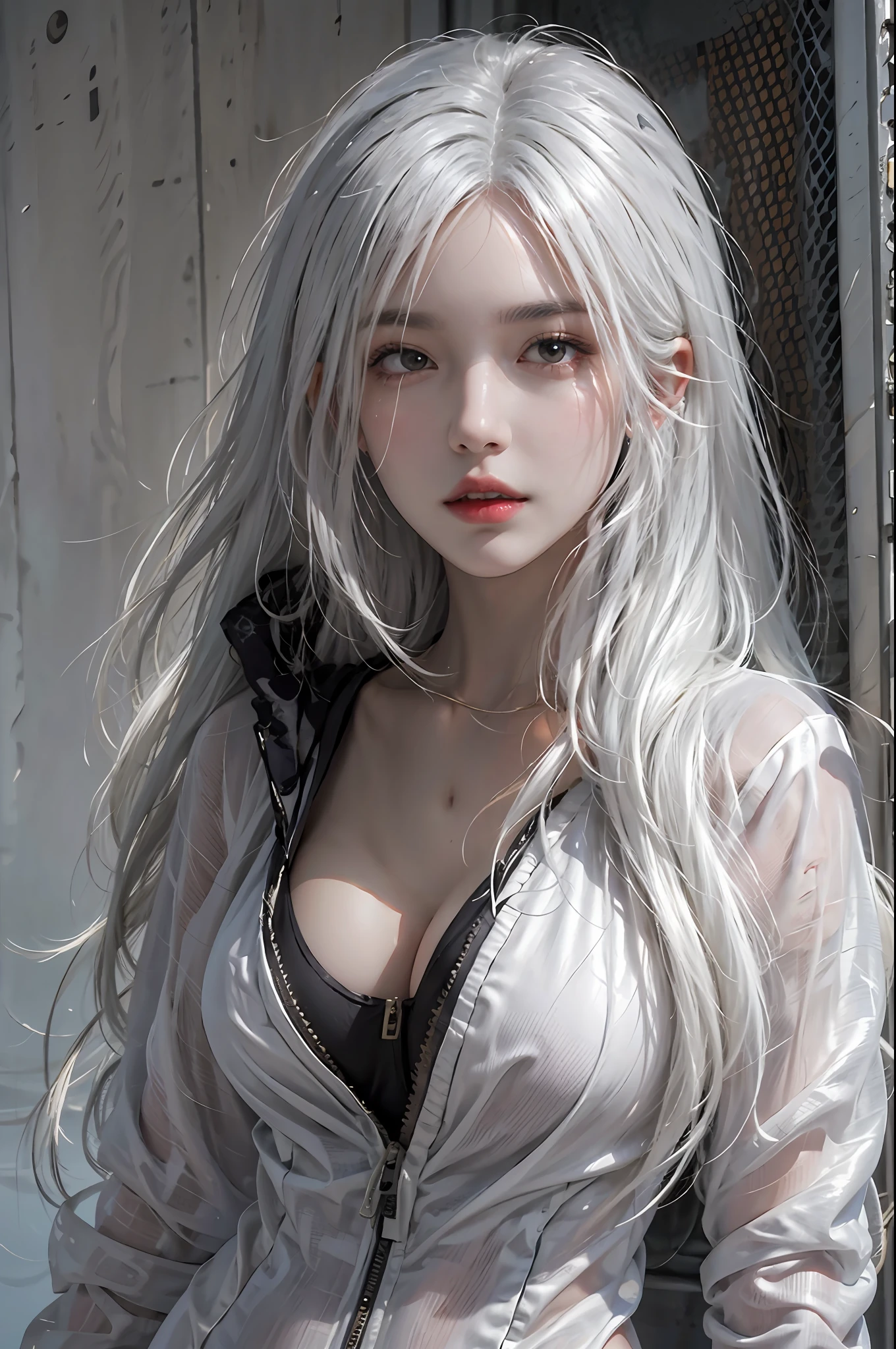 photorealistic, high resolution, 1women, solo, hips up, look at viewer, (detailed face), white hair, long hair, black reverse bunnysuit
