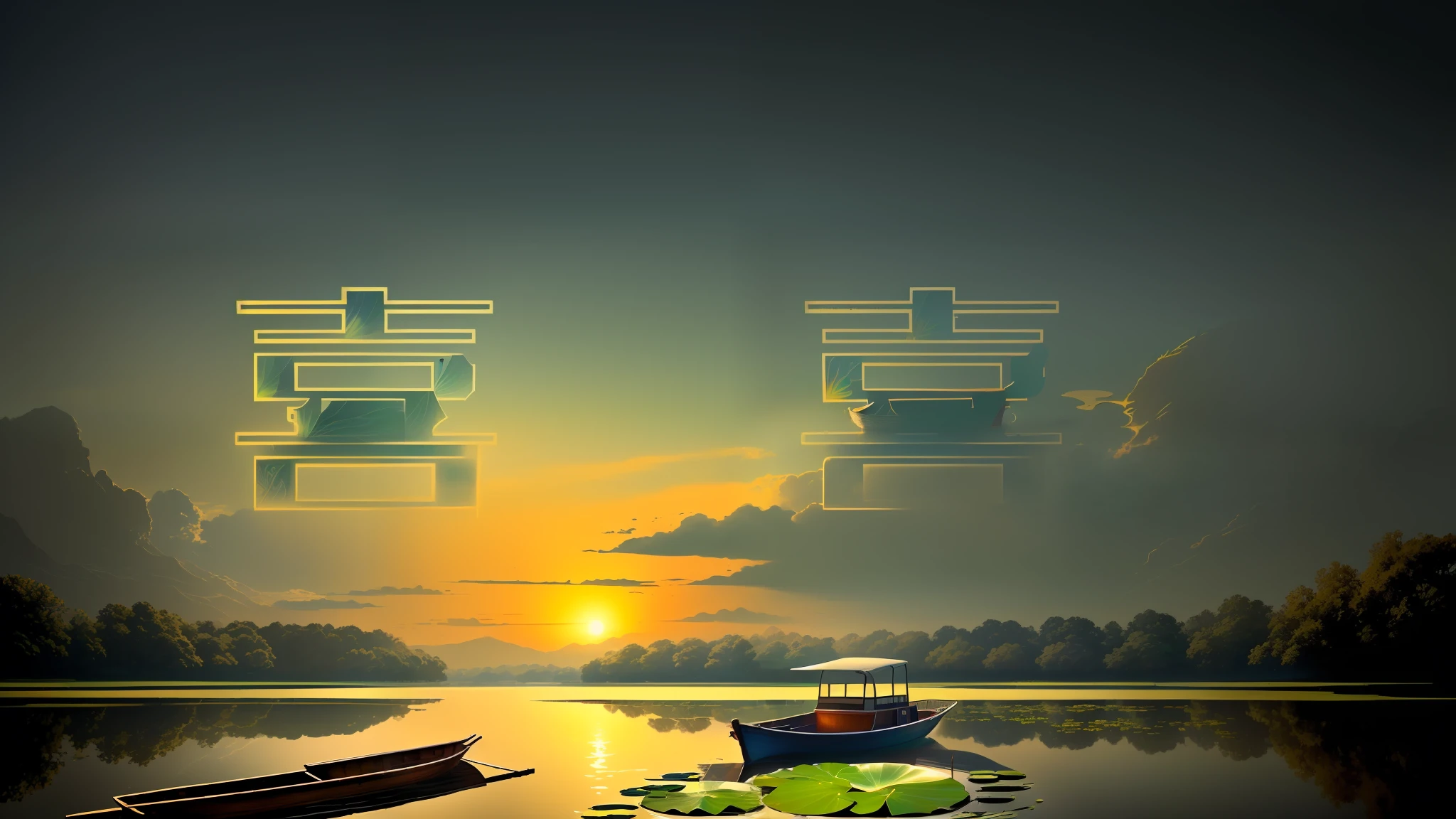 A masterpiece, exquisite. Deep in the lotus pond (colorful, vivid, sunshine, cool light: 1.2) there are many lotus leaves in the pond. At night, a small boat crosses the middle.