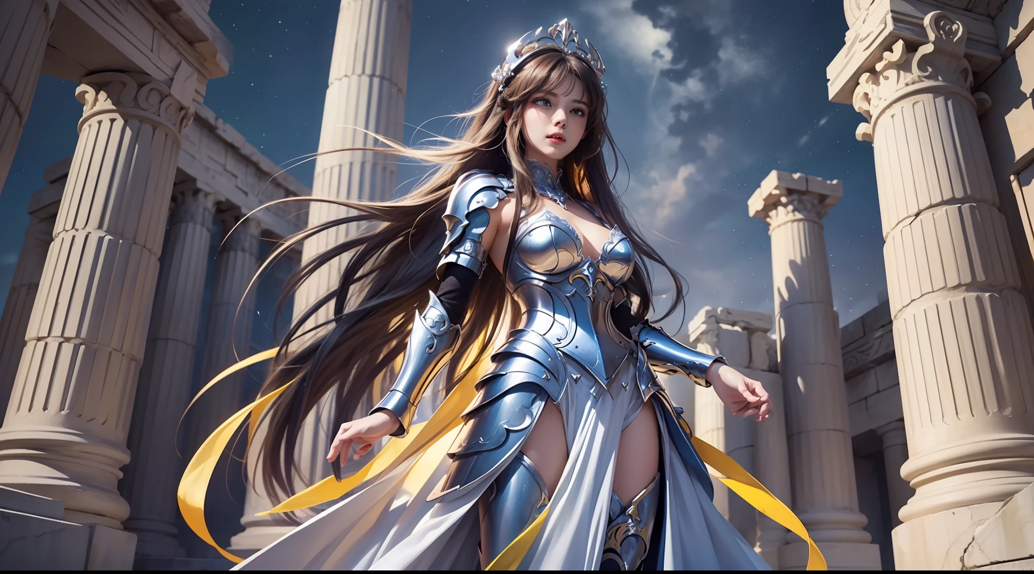 (Extremely detailed Cg Unity 8K wallpaper,Masterpiece, Best quality, Ultra-detailed, Beautiful detailed eyes:1.2),Best illumination, (Best shadow, An extremely delicate and beautiful, full bloom), 1girll,Solo,Large breasts,Heavy armor,complex patterns,Long hair,Film filter, Greek temple,dramatics,dynamicposes,illusory engine, (High detail: 1.9),Starcloud,the night,torchan,full body shot shot,dynamicposes,dramatics
