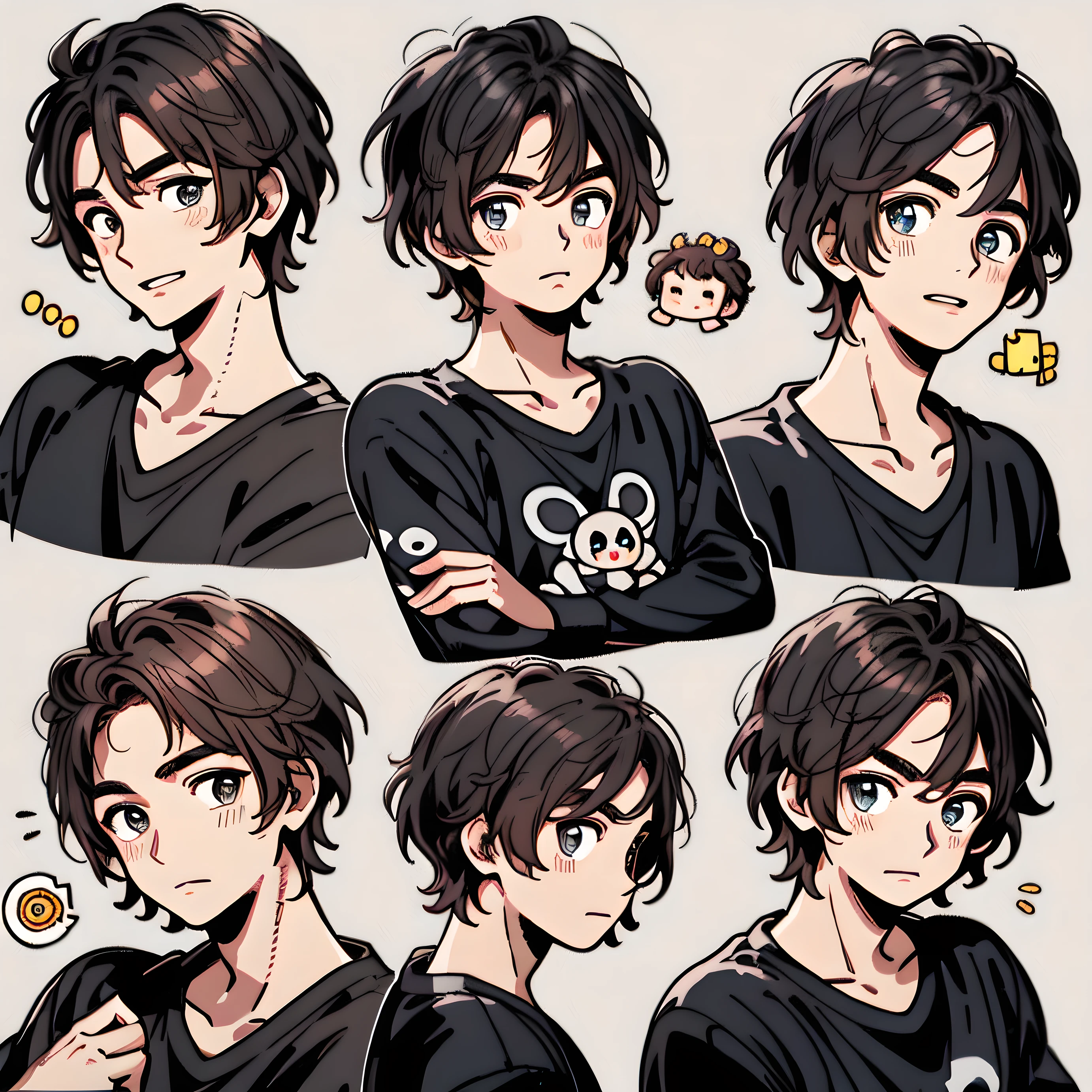 1 Handsome adult male、9 grids、9 emoji packs、9 poses and expressions、White T-shirt、Disney style、Black strokes、various emotions、8K,Very short hair
