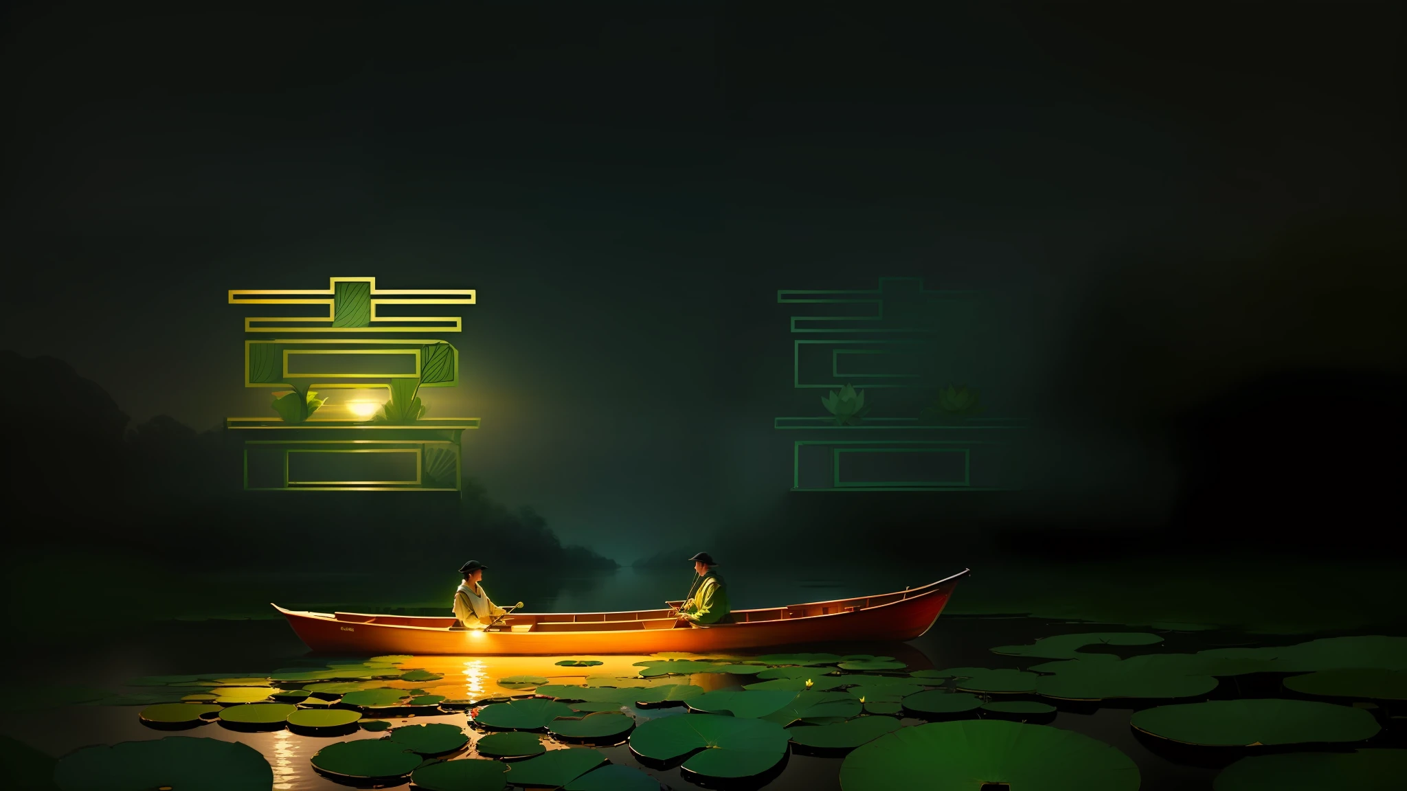 A masterpiece, exquisite. Deep in the lotus pond (colorful, vivid, sunshine, cool light: 1.2) there are many lotus leaves in the pond. At night, a small boat crosses the middle.