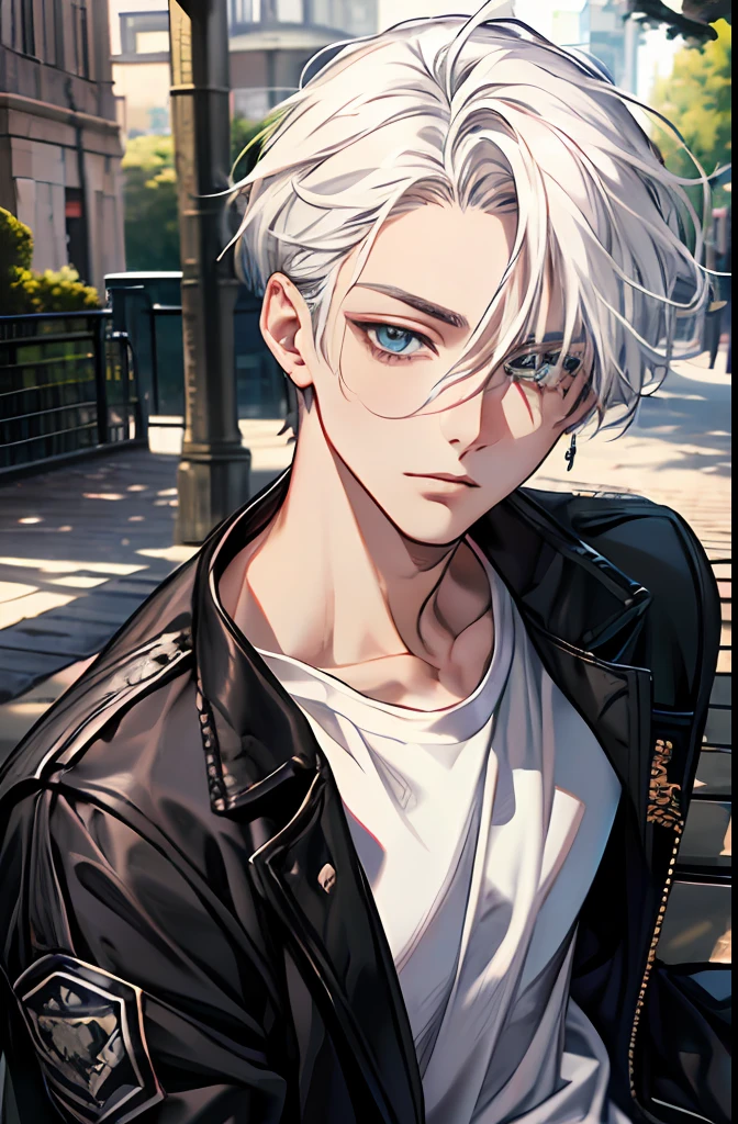 (absurdres, highres, ultra detailed, HDR), masterpiece, best quality, 1boy, solo, handsome, white hair, finely eye and detailed face, forehead, ((loose white t-shirt)), ((black jacket)), look at viewer, ear piecing, sitting on bench, park in background