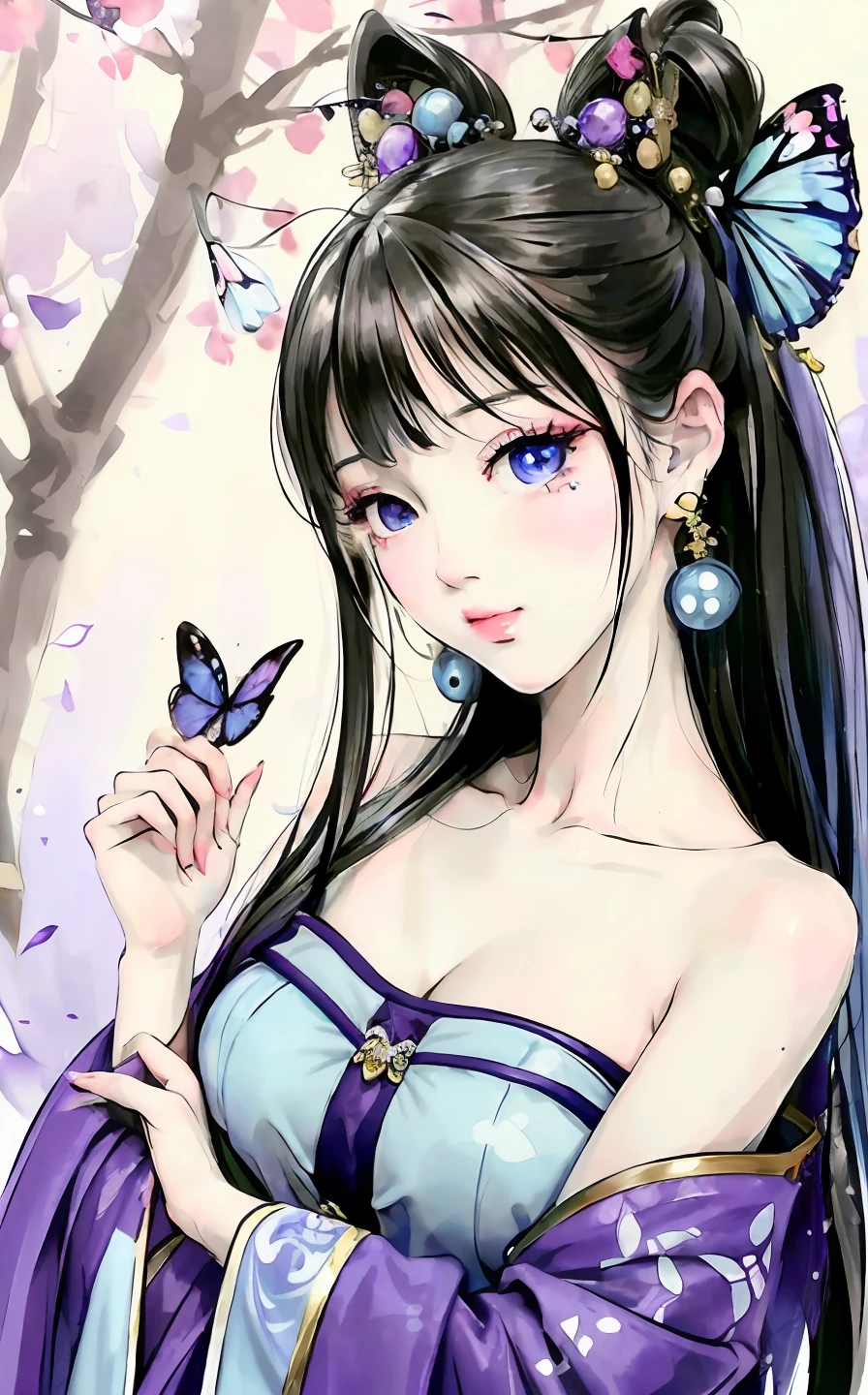 Masterpiece, best quality, watercolor painting of a very beautiful korean woman in japanese clothes, butterfly hair clip, purple and blue clothes, Dark Blue Eyes, shining beauty, high quality, super attractive lips, attractive eyes. cheeky smile, smiling