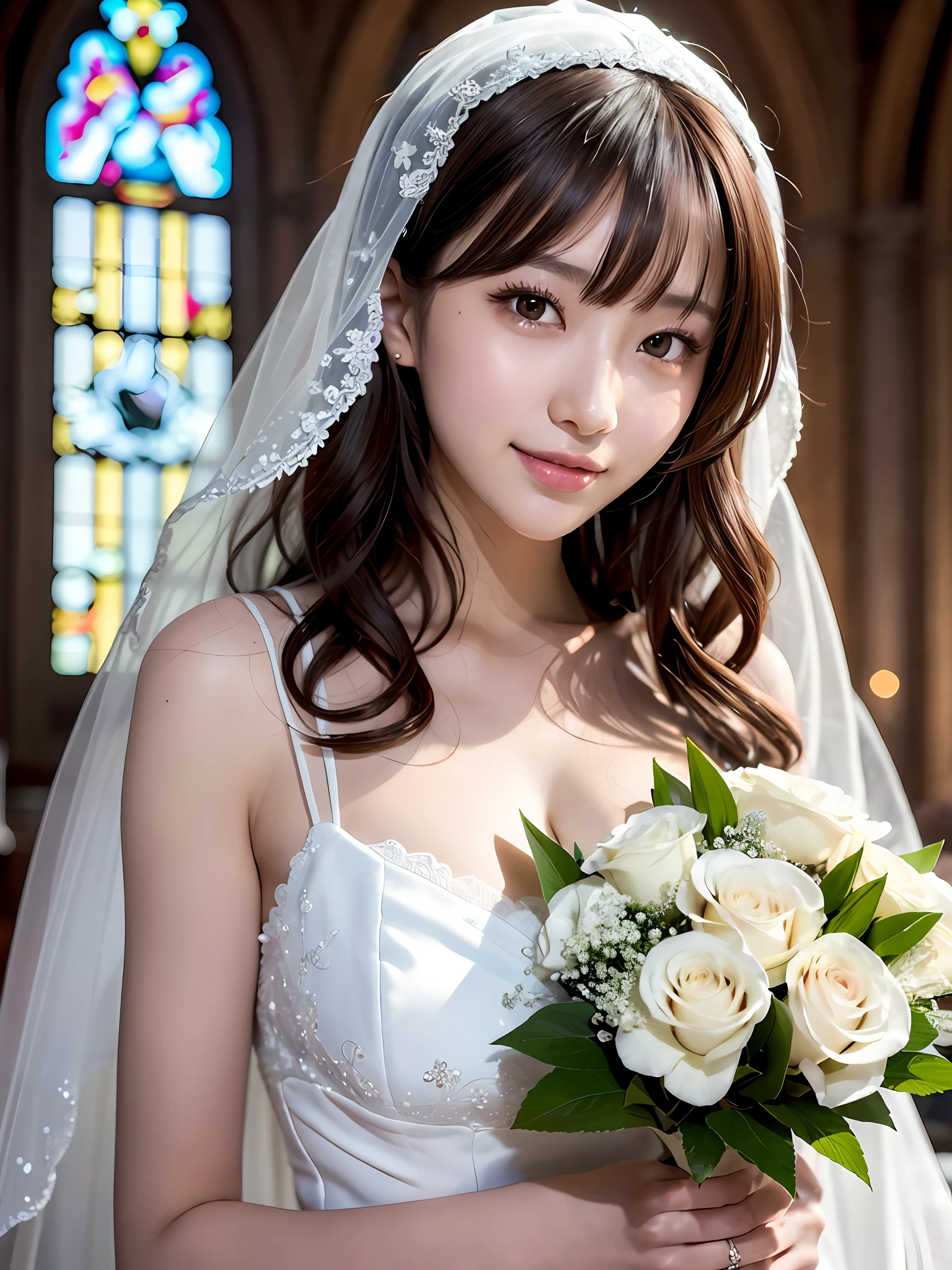 the best quality, 1 girl per 1 photo, face close up shot, directly front view, a Japanese young pretty girl, wavy hair, putting on the veil, wearing a white shiny silk wedding dress with a big smile, holding one bouquet with both hands in a church, hyper cute face, glossy lips, double eyelids for both eyes, glamorous makeup, shiny smooth light brown hair, asymmetrical bangs, tanned skin, central image, 8K resolution, high detail, detailed hairstyle, detailed face, cinematic lighting, octane rendering, hyper realistic, perfect limbs, perfect anatomy