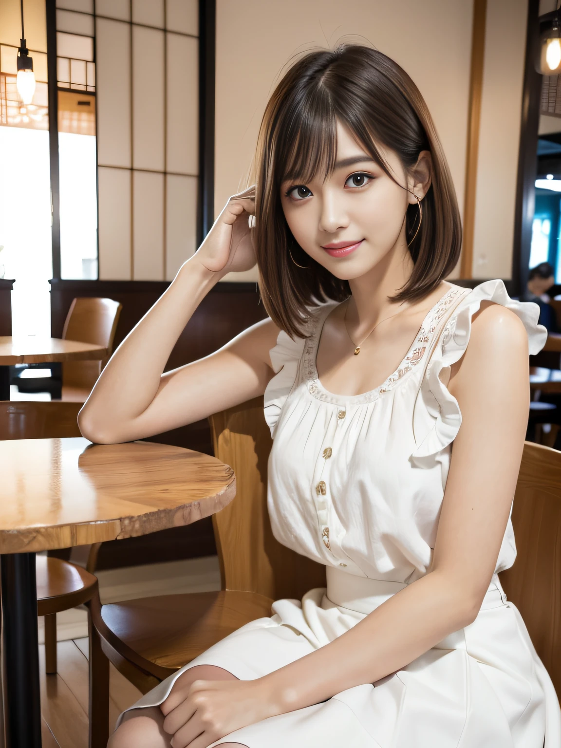 8K、Raw photography、(masuter piece:1.2)、(Photorealsitic:1.2)、(best qualtiy)、((Sleeveless with white frills))、((Adult woman in floral white skirt))、((japanes、25-years old))、Light brown hair in one woman、((full body Esbian))、make - up、Smart body、A smile、Poses variadas、hyperdetailed face、A detailed eye、((No close-ups))、(Inside the café、Sitting on a chair)
