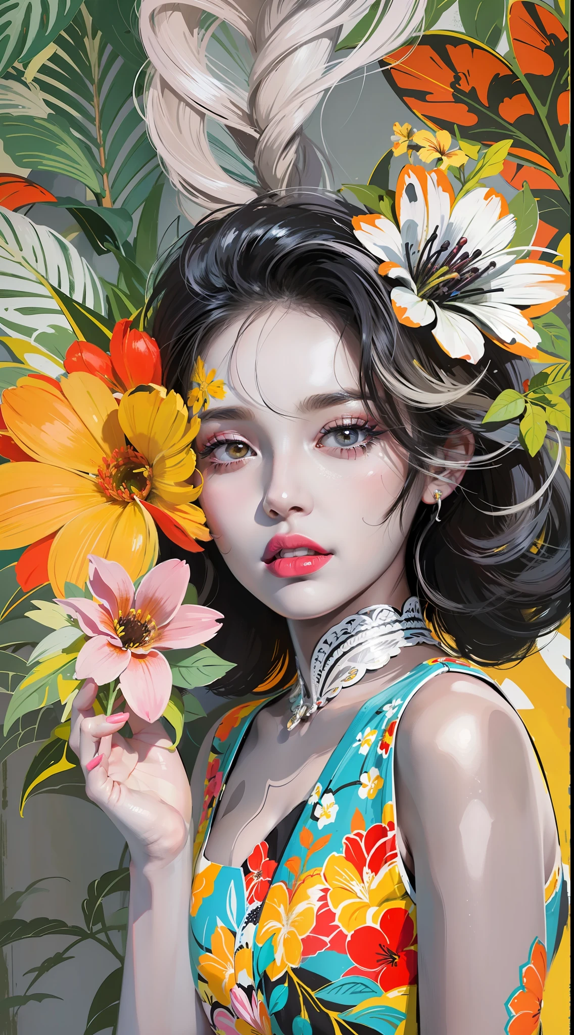 Create a digital art work in pop art style, featureing a vibrant and confident woman with bold makeup and colorfull fashion, cinematic color scheme, surrounded by vintage flowers patterns, energtic brushstrokes,the mood should be dynamic, upper body, drawing, illustration, grayscale, tropical, adubon fruits, adubon plants, many flowers, vector, painting