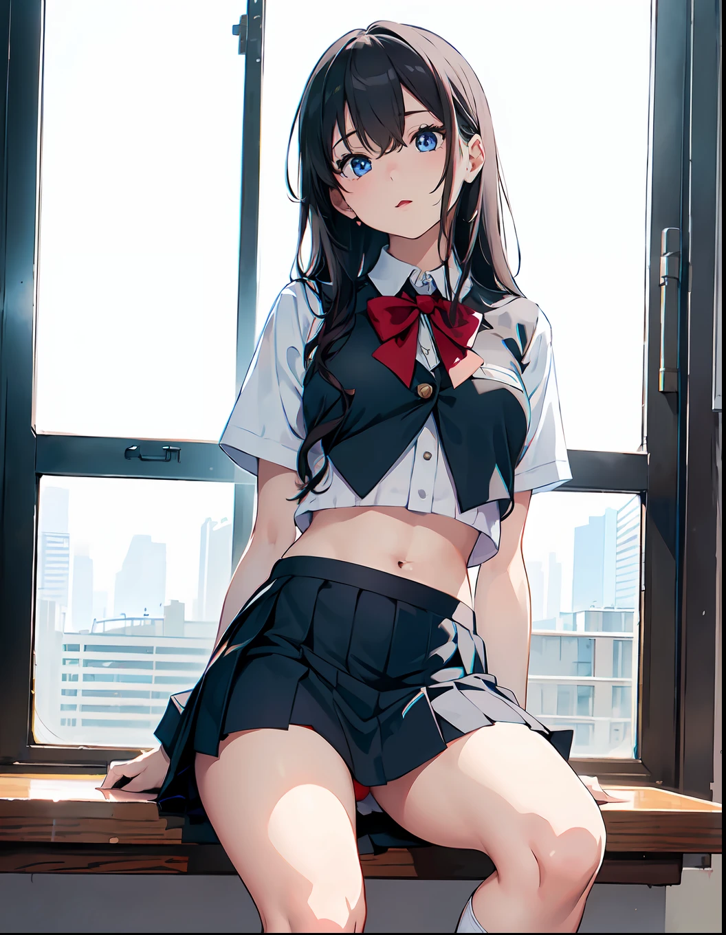 (masterpiece, best quality), beautiful girl, uniform skirt (detailed beautiful eyes) underwear, white high socks, full body shot, visible bellybutton