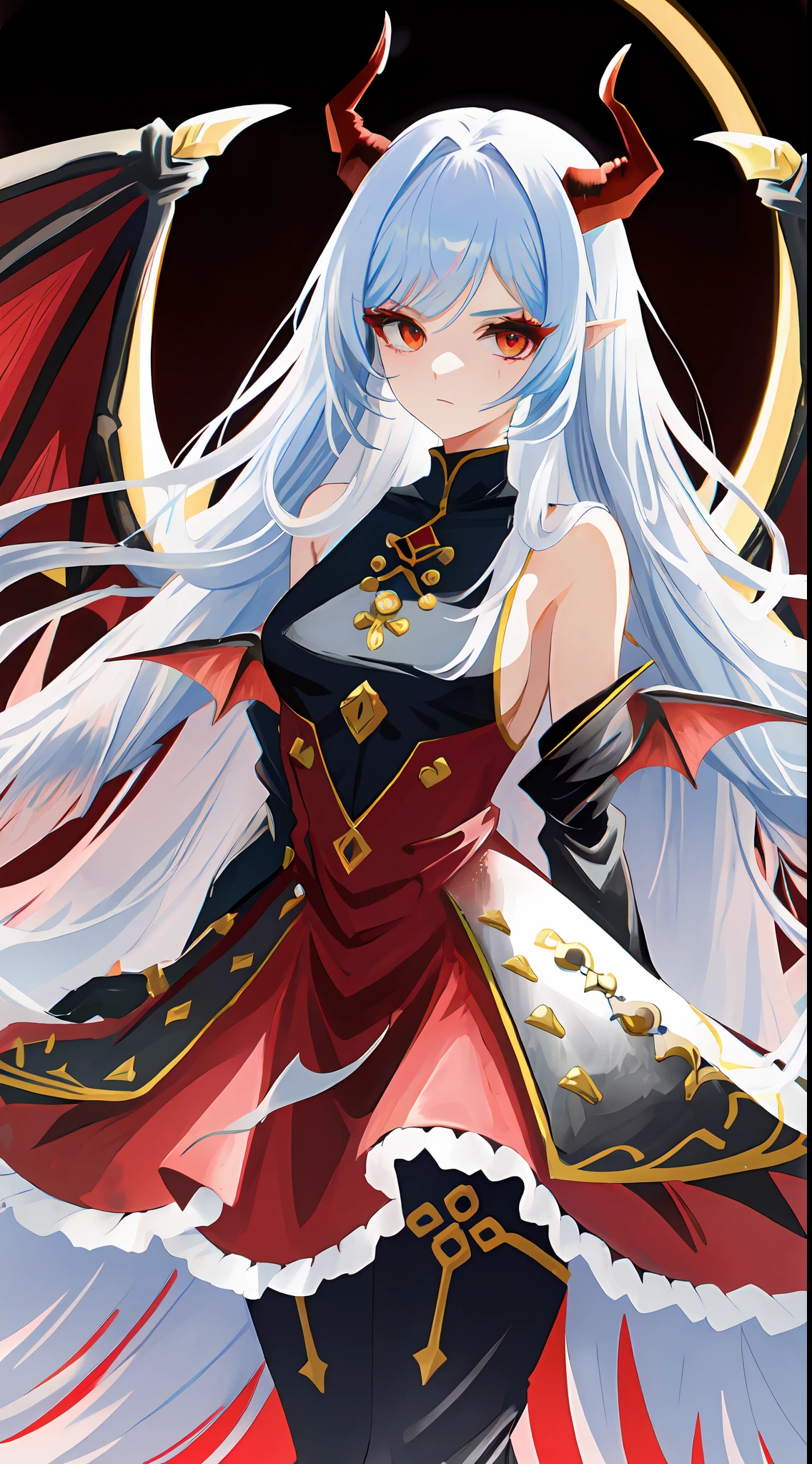 Anime girl with horns on head, e uma vestido vermelho medieval, vestido fechado, do not show skin, sem nudez, Detalhes em gravatas, Bat-like dragon wings protruding from the back, pelos vermelhos, cabelo vermelho, olhos vermelho, pele brilhante, cabelos vermelho, angry expressions, agressivo, boca: aberta, dentes pontudos iguais de uma fera, multiple poses, large eyelashes, Sobrancelhas: grossas, branca, platina. multiple facial expressions, ,multiplas poses, mesmo personagem todas imagens. Maintain the standard of hair and clothes in all projects. anime demon, Krenz Cushart e Artgerm, Artgerm e Atey Ghailan, Estilo Ross Tran, Guweiz em Pixiv ArtStation, Art not Guweiz style, dragon girl, por Shitao, Demon girl, Background Story: Branco, NEUTRO, various. Escuro.