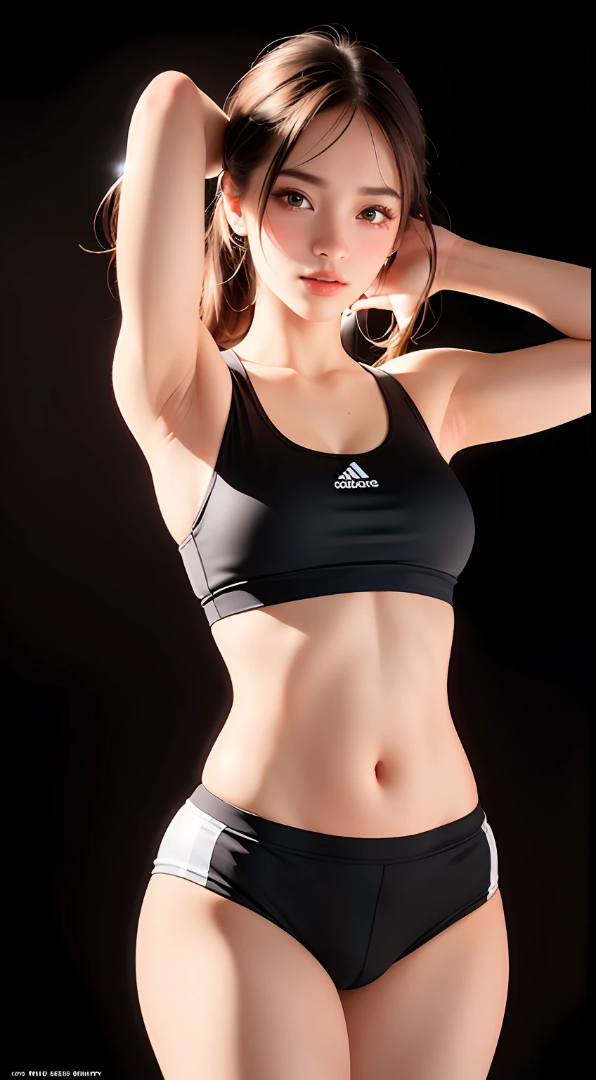 (ultra-realistic rendering, best quality), ((Top Quality, 16k, Masterpiece: 1.3)), (Beauty, 1 Girl), (realistic photo shot in a dark studio), (medium full body shot), (20 year old girl sexy poses in the gym), (sexy sport outfit), sports leggings, sports bra, beautiful detailed face, small breasts, pale skin, detailed long blond hair, heavy makeup, (realistic glistening skin), masterpiece, best quality, high resolution scan, (professionally color graded), sharp focus, rim lighting, dimly lit, two tone lighting, dark,
