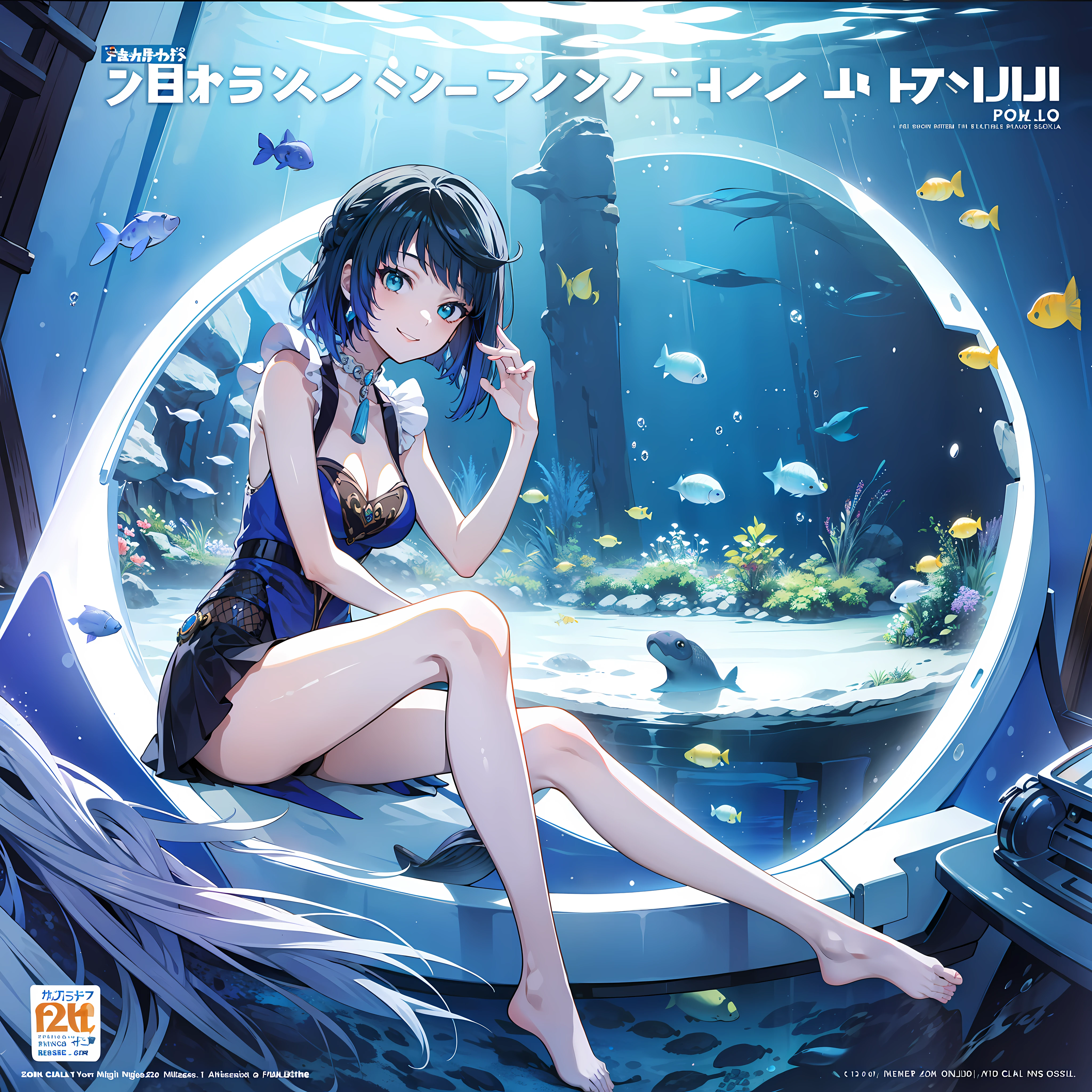 masterpiece, best quality, full body, (1girl), (smiling), ((solo)), (magazine:1.3), (cover-style:1.3), fashionable,Under water, (in side tunnel aquarium),