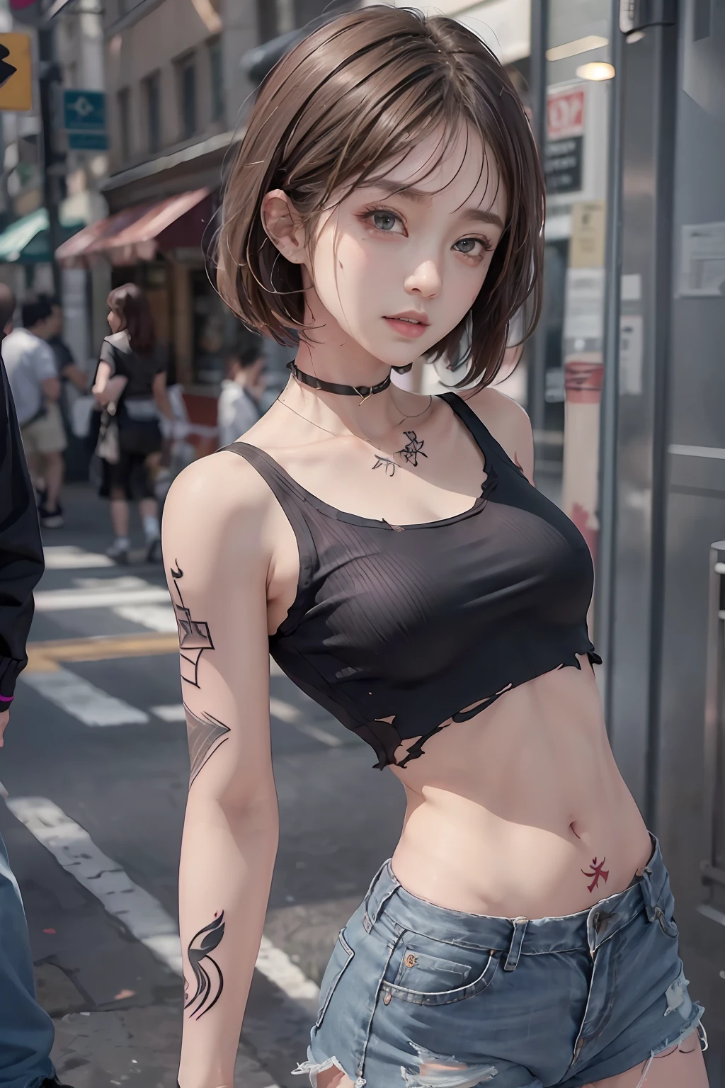 ((medium breast, tomboy girls, small head)),  (chiseled abs : 1.1), (perfect body : 1.1), (short wavy hair : 1.2) , auburn hair, collar, chain, full body shot, crowded street, wearing black tanktop, jeans jacket, (torn clothes:1.3)((shorts)), (extremely detailed CG 8k wallpaper), (an extremely delicate and beautiful), (masterpiece), (best quality:1.0), (ultra highres:1.0),  beautiful lighting ,perfect lightning, realistic shadows, [highres], detailed skin, ultra-detailed (((colorful))),(tattoo all:1.5),