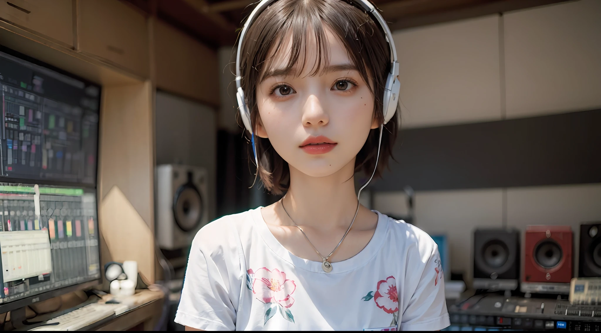 Best Quality, masutepiece, (Photorealistic:2), Ultra High Resolution, Highly detailed, A hyper-realistic, 1girl in, ((head phone)), (Longer dress), Floral pattern, colourfull_hair、(((very_Short_hair))), Short hair, Slim body, Full Shot, Looking at Viewer, ((Music Studio)), Bright atmosphere, spot light, Detailed background
