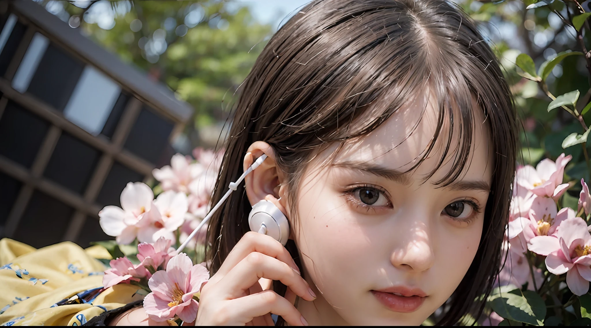 Best Quality, masutepiece, (Photorealistic:2), Ultra High Resolution, Highly detailed, A hyper-realistic, 1girl in, ((head phone)), (Longer dress), Floral pattern, colourfull_hair、(((very_Short_hair))), Short hair, Slim body, Full Shot, Looking at Viewer, ((Music Studio)),  Bright atmosphere, spot light, Detailed background