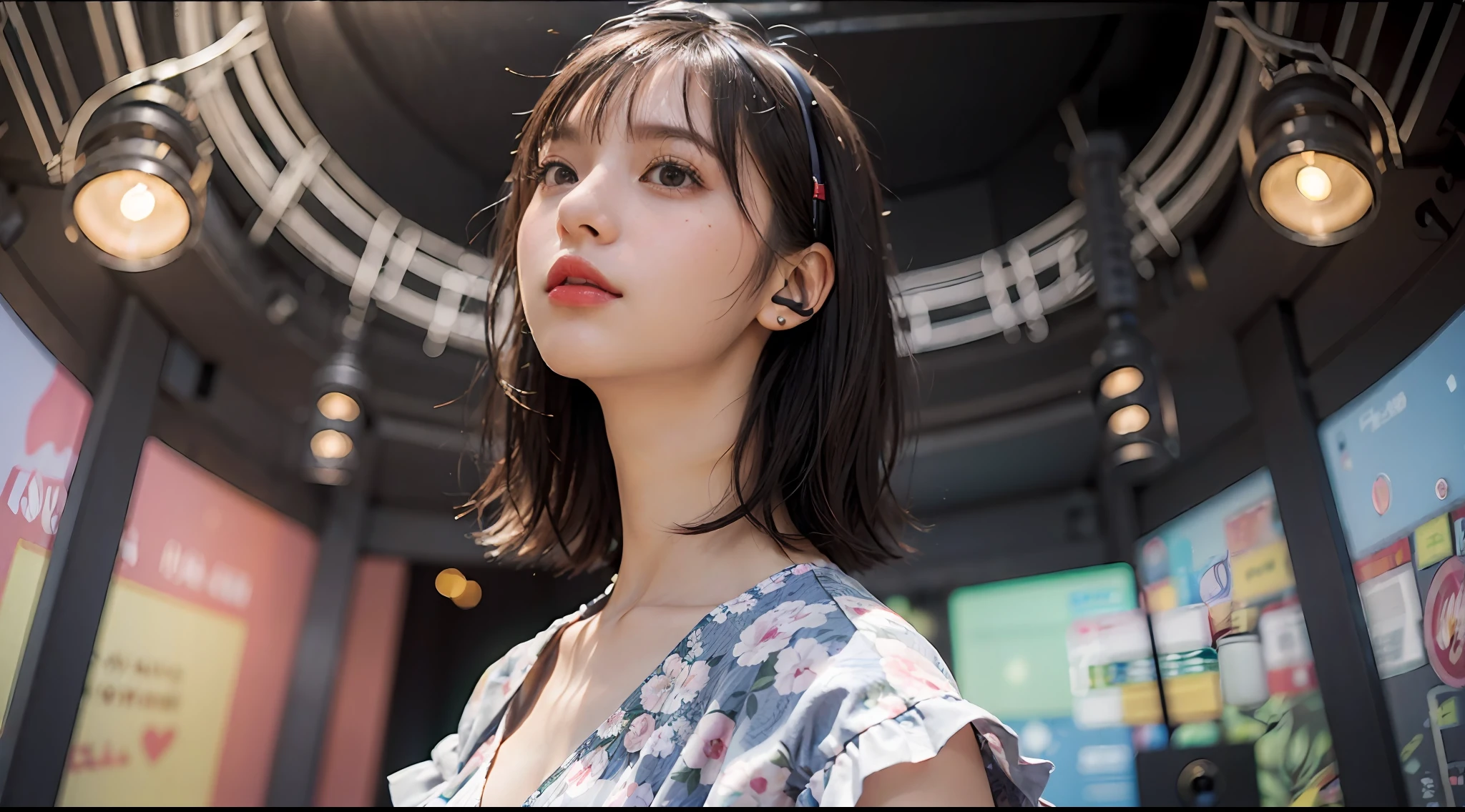 Best Quality, masutepiece, (Photorealistic:2), Ultra High Resolution, Highly detailed, A hyper-realistic, 1girl in, ((head phone)), (Longer dress), Floral pattern, colourfull_hair、(((very_Short_hair))), Short hair, Slim body, Full Shot, Looking at Viewer, ((Music Studio)), Bright atmosphere, spot light, Detailed background