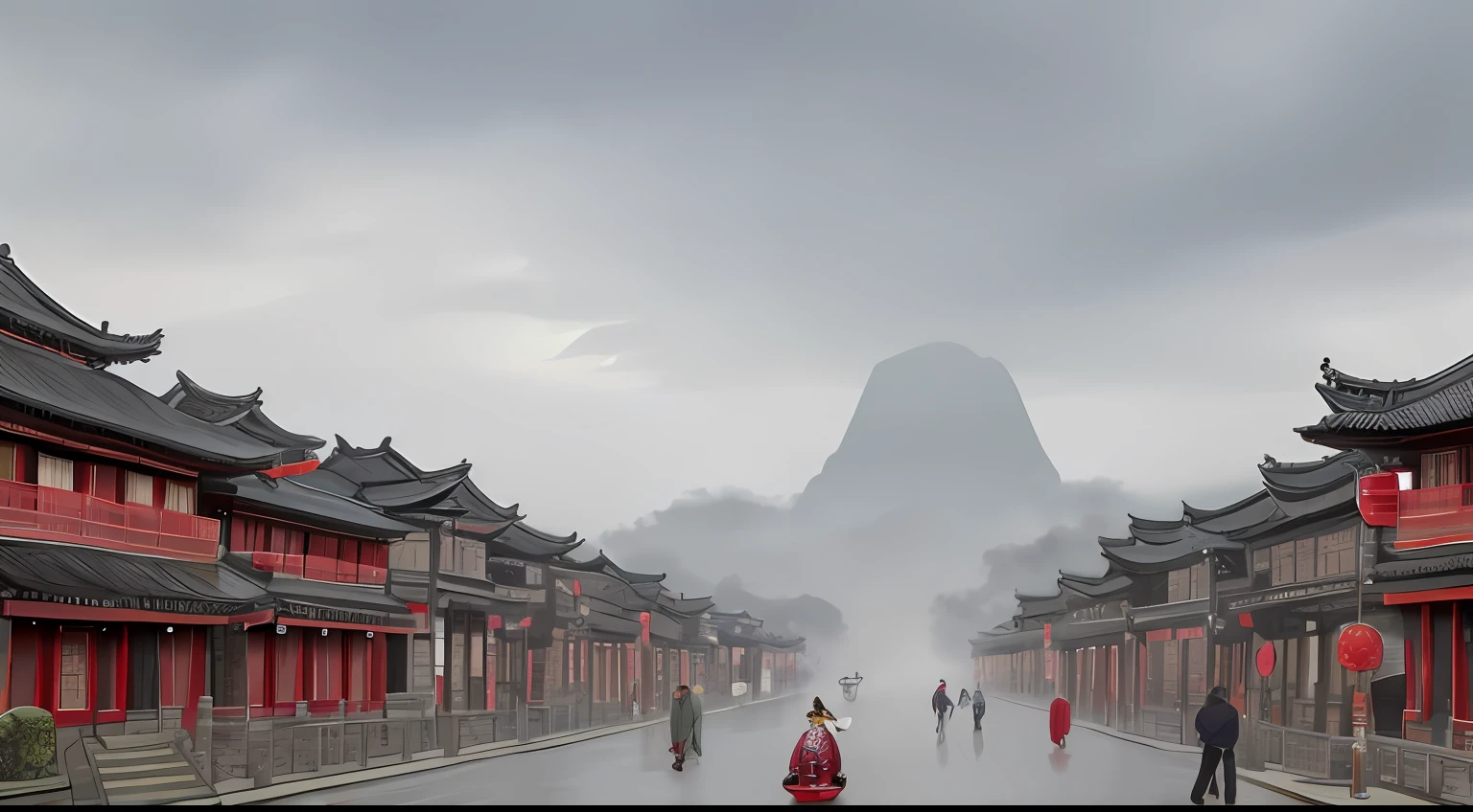 tmasterpiece,Best quality at best,bonian,shukezouma,fantastic composition,Chinese ancient city,many buildings,beautiful sky in detail,(There are a lot of pedestrian details on the road2.0 ),red colour,Heavy fog,