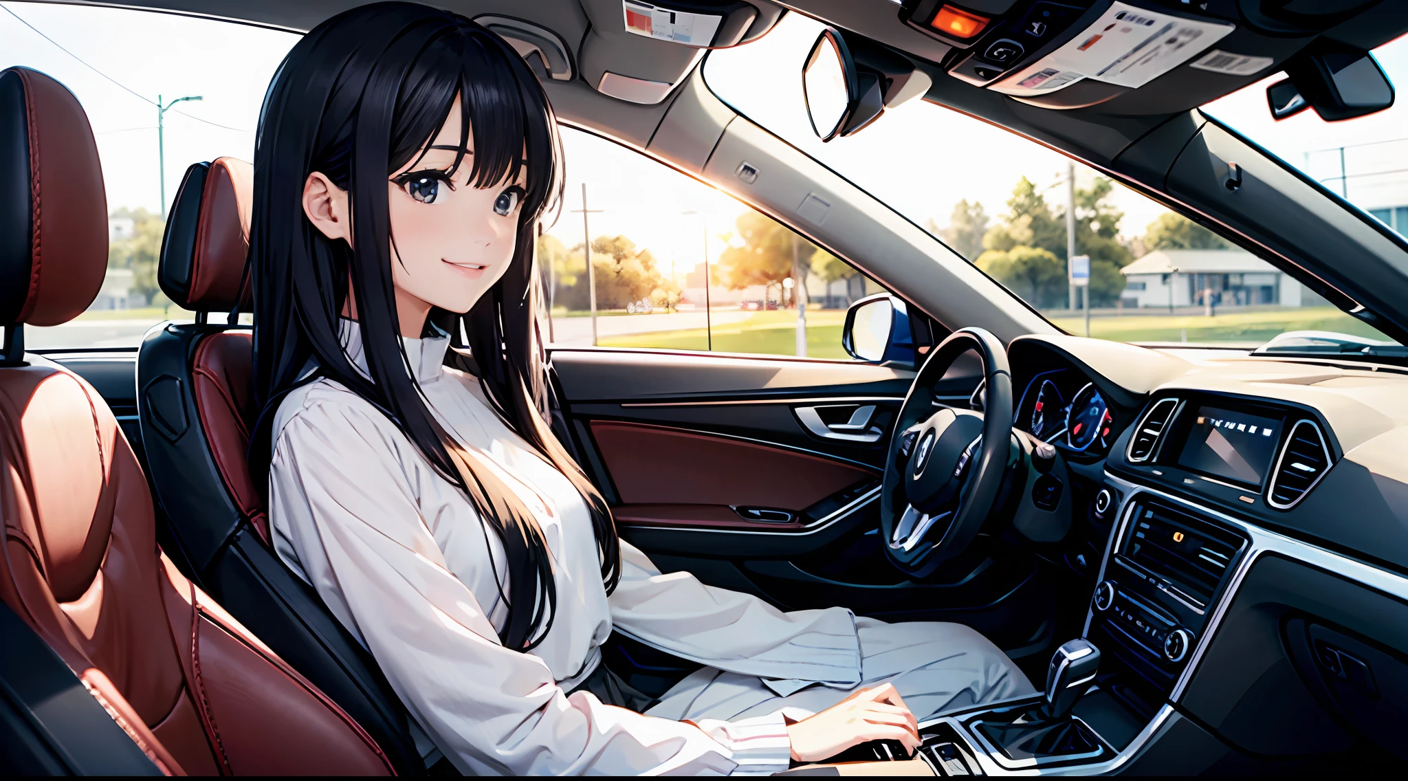 （​masterpiece、top-quality）perfect anime illustration、Only one young woman、Clean face、Laughing、long, shiny black hair、Rough clothing（Skirt and white blouse）、Cool red sports car、Sitting in the driver's seat、He opens the door and leans in to invite us.、The time is evening、Sunnyday、red sunset、The location is the company's parking lot、Write