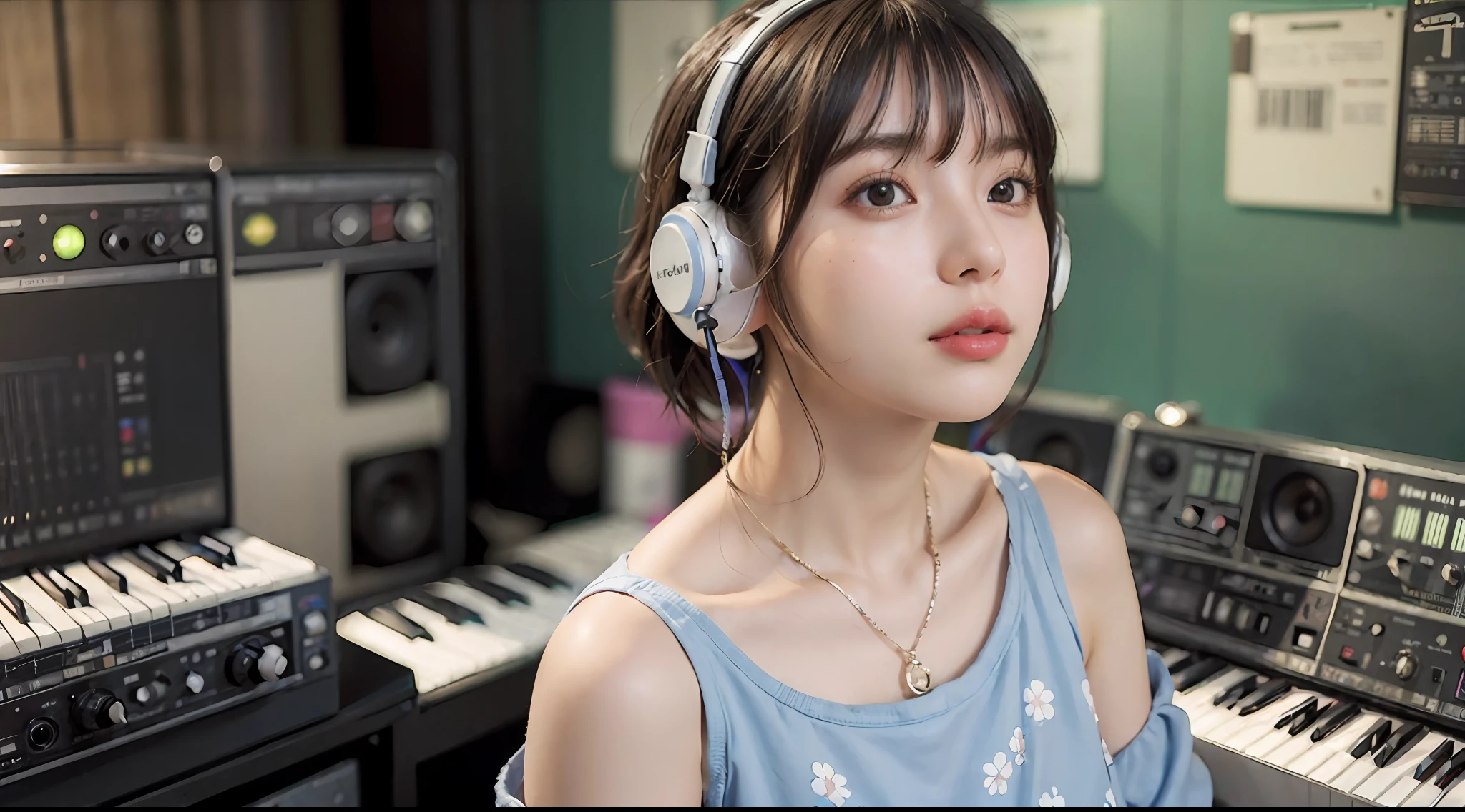 Best Quality, masutepiece, (Photorealistic:2), Ultra High Resolution, Highly detailed, A hyper-realistic, 1girl in, ((head phone)), (Longer dress), Floral pattern, colourfull_hair、(((very_Short_hair))), Short hair, Slim body, Full Shot, Looking at Viewer, ((Music Studio)),  Bright atmosphere, spot light, Detailed background