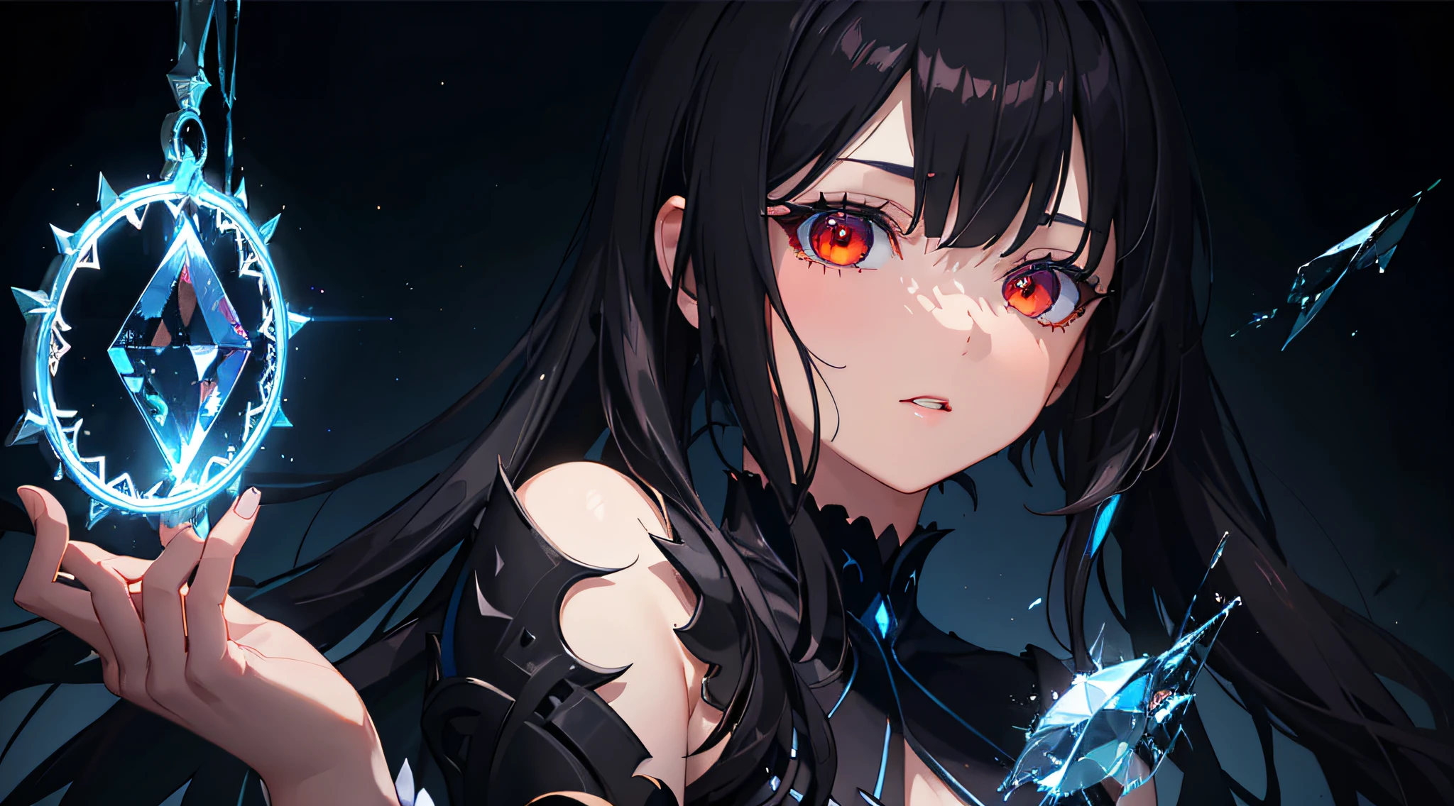 (masterpiece, best quality, ultra-detailed, best shadow), (detailed background,dark fantasy), (beautiful detailed face), high contrast, (best illumination, an extremely delicate and beautiful), ((cinematic light)), colorful, hyper detail, dramatic light, intricate details, (1 girl, solo,black hair, sharp face,low twintails,red eyes, hair between eyes,dynamic angle), blood splatter, swirling black light around the character, depth of field,black light particles,(broken glass),magic circle,