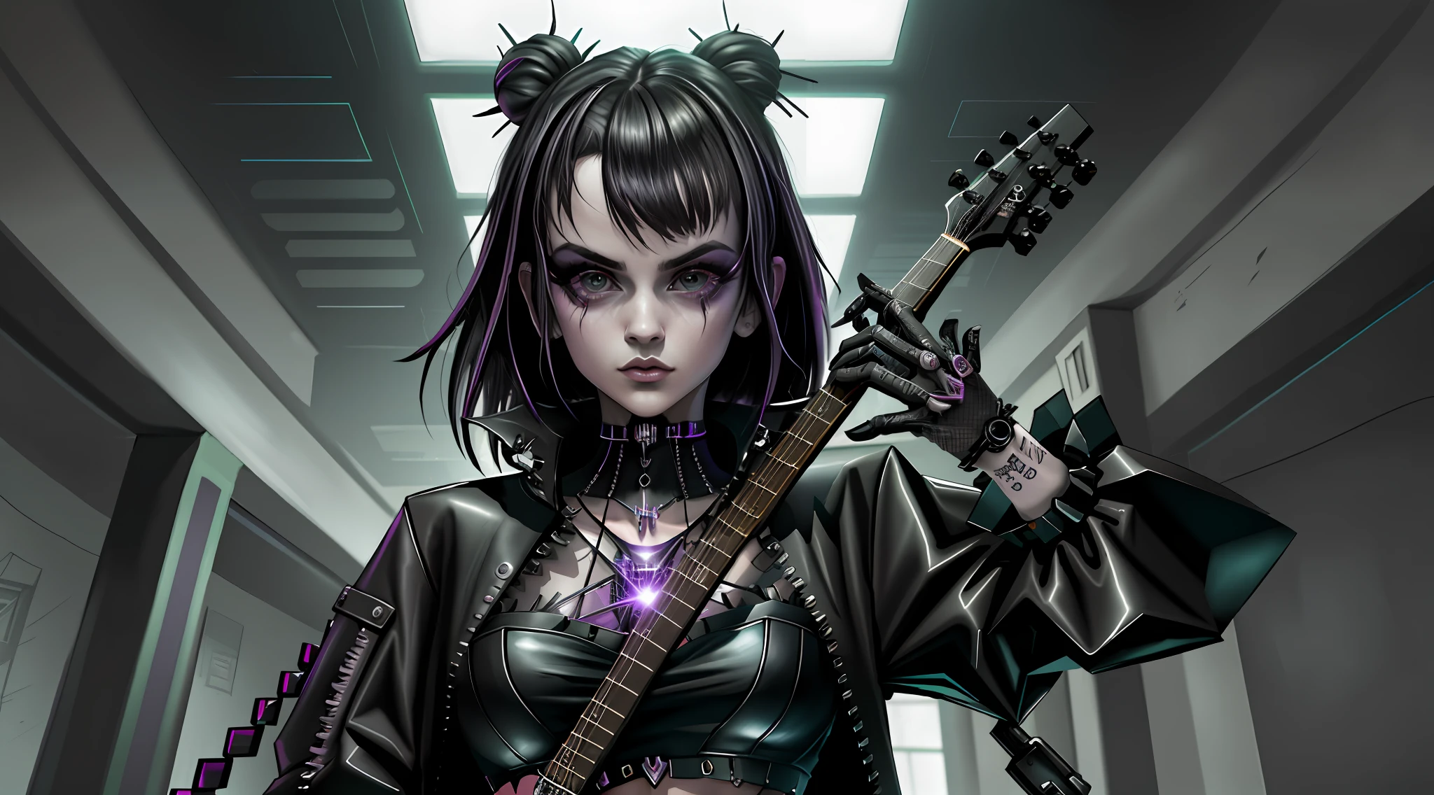 Araffe menina com cabelo preto tirando uma selfie em um espelho, Rocker Girl Aesthetics, Rock aesthetics, cybergoth, goth girl, cyber punk setting, holding guitar, acoustic guitar, darkwave goth aesthetic, mall goth, 20 - year - old goth girl, goth vibe, pastel goth aesthetic, goth punk clothes, Gothic style, Todas as roupas pretas cyberpunk, neo goth, foto da roupa, Gothcore,rosto detalhado,detailed hands, master part,rosto detalhado,telefone detalhado,dedos detalhados,corpo detalhado,olhos detalhados,