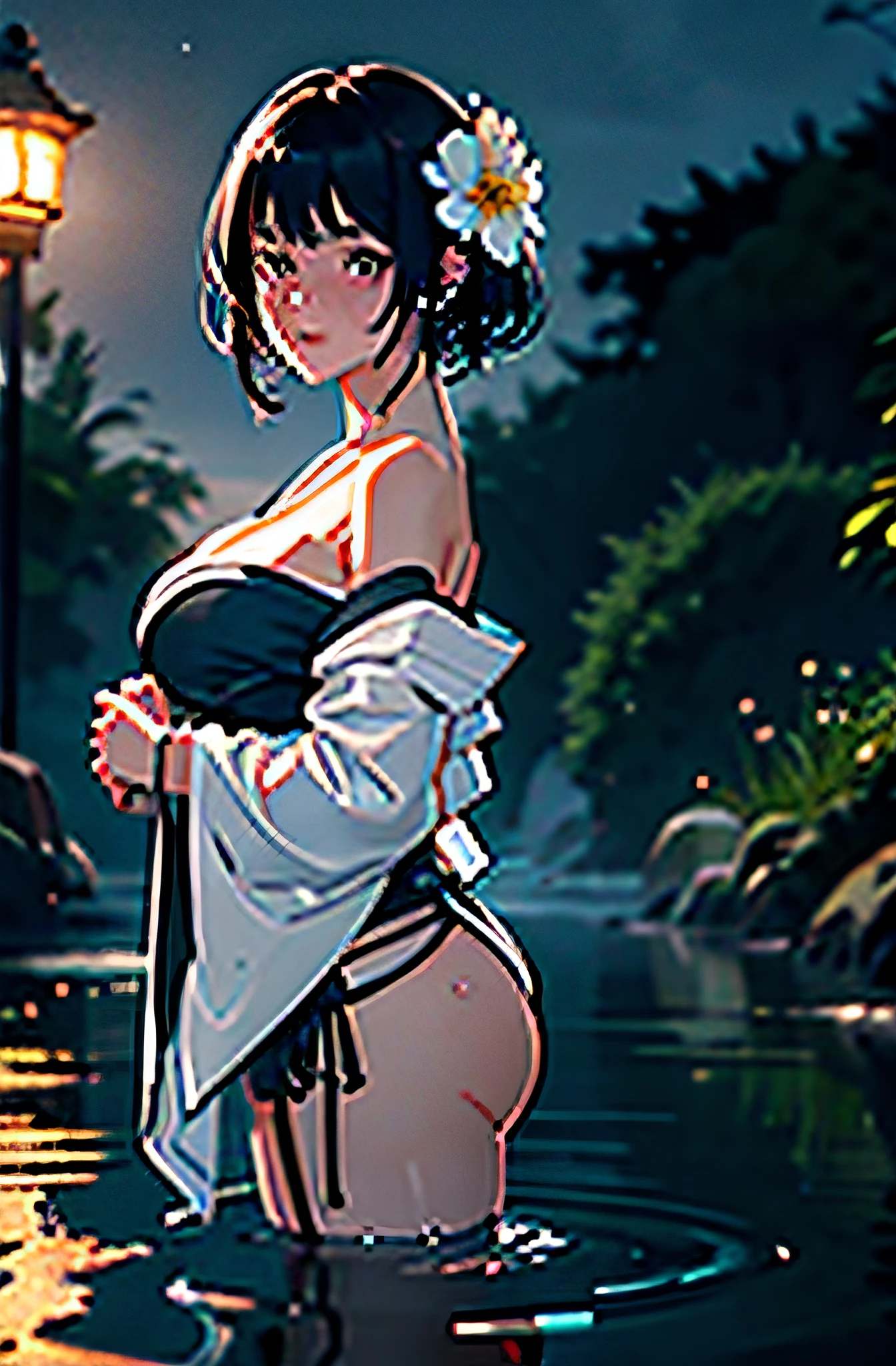 1girl, breasts, moon, lantern, night, solo, large breasts, hair ornament, wet, kimono, japanese clothes, wading, water, hair flower, flower, outdoors, sky, full moon, rain, black hair, off shoulder, mountain, cloud, holding, sash, bare shoulders, paper lantern, standing, white kimono, night sky, sideboob, obi, wet clothes, bangs, tree, from side, reflection, short hair, cloudy sky, wet hair (((masterpiece),(extremely detailed CG unity 8k wallpaper),best quality,,solo,1girl,cinematic lighting,detailed background,beautiful detailed eyes,bright pupils, (an extremely delicate and beautiful),(Beautiful and detailed eye description)， ultra-detailed,masterpiece,)),