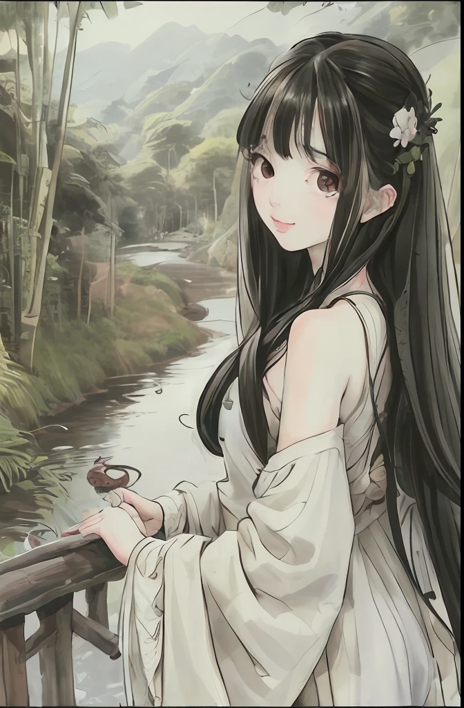 Masterpiece, Best quality, offcial art, 8K wallpaper, Highly detailed, illustration, 1 girl, Black hair, Long hair, Detailed eyes, bamboo forrest, Bare shoulders, lakes, Pure, Soft smile,