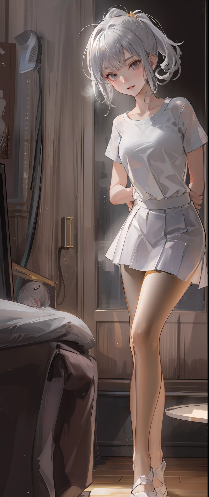 1 girl! Ray tracing, best shadows, high resolution (dim lighting) detailed background (living room) fluffy silver hair, plump and slender girl, high ponytail avoiding golden eyes in the ominous living room (girl wearing white shirt, black wrinkled skirt, with black transparent pantyhose), showing a delicate slim figure and graceful curves, correctly positioned and reasonable limbs! Put your hands behind your head, stand dignified, facial details! Delicate facial features, pay attention to the position details of the legs! Pay attention to hand details! High quality! More eligible! Reduce mistakes, more fine drawing, ultra-detailed CG, more reasonable picture! Pay attention to finger details! 8k wallpapers, masterpieces, double eye details!