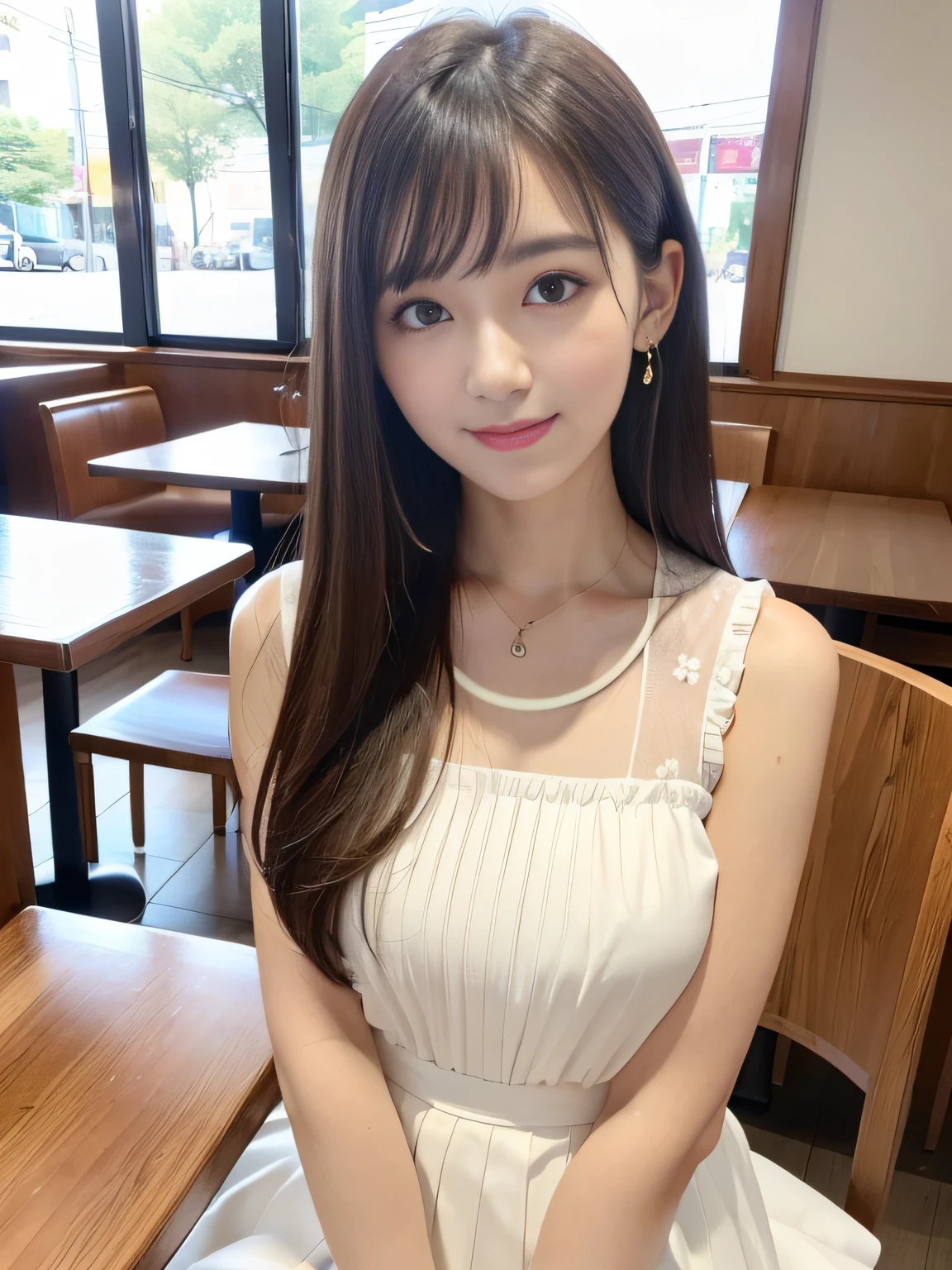 8K、Raw photography、(masuter piece:1.2)、(Photorealsitic:1.2)、(best qualtiy)、((Sleeveless with white frills))、((Adult woman in floral white skirt))、((japanes、25-years old))、Light brown hair in one woman、((full body Esbian))、make - up、Smart body、A smile、Poses variadas、hyperdetailed face、A detailed eye、((No close-ups))、(Inside the café、Sitting on a chair)