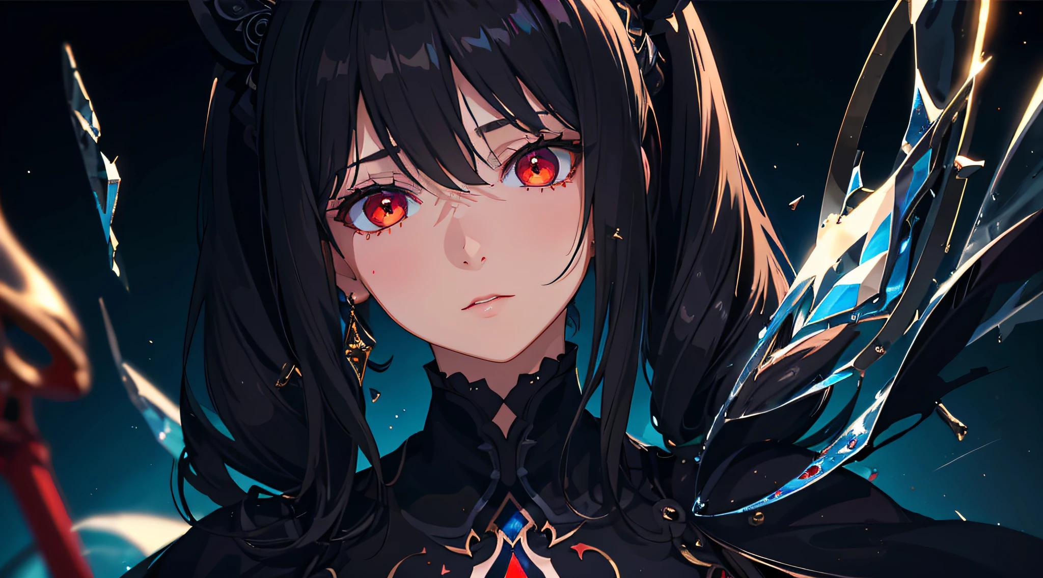 (masterpiece, best quality, ultra-detailed, best shadow), (detailed background,dark fantasy), (beautiful detailed face), high contrast, (best illumination, an extremely delicate and beautiful), ((cinematic light)), colorful, hyper detail, dramatic light, intricate details, (1 girl, solo,black hair, sharp face,low twintails,red eyes, hair between eyes,dynamic angle), blood splatter, swirling black light around the character, depth of field,black light particles,(broken glass),magic circle,