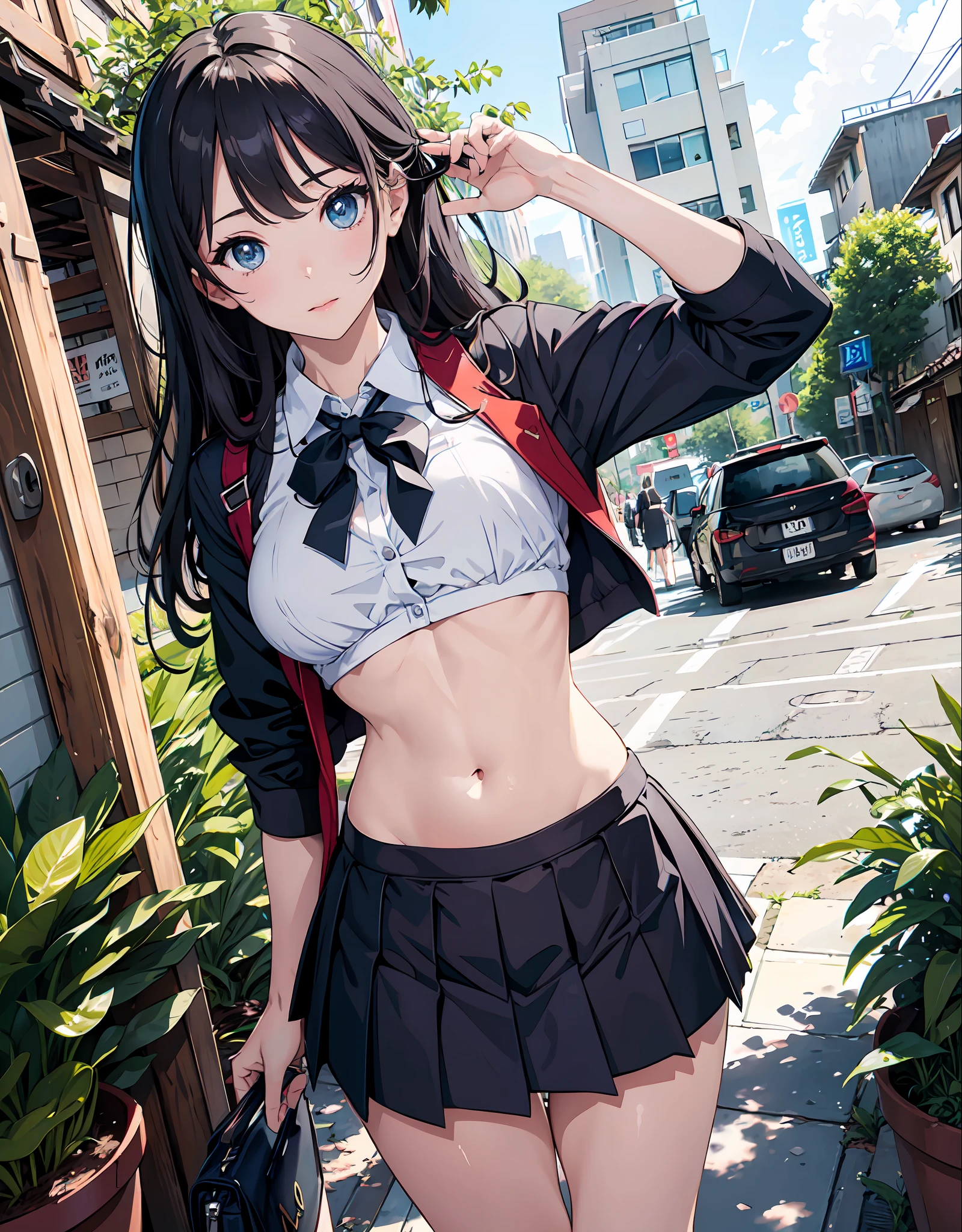 (masterpiece, best quality), beautiful girl, uniform skirt (detailed beautiful eyes) underwear, outdoors, full body shot, visible bellybutton