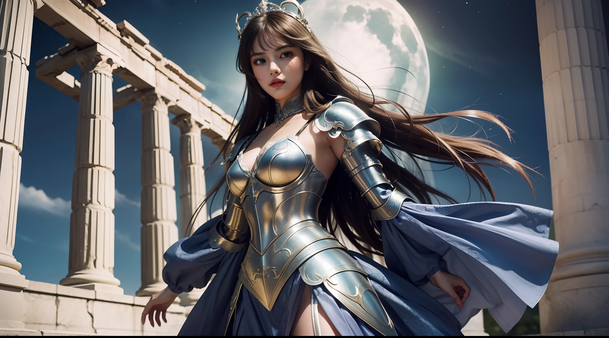 (Extremely detailed Cg Unity 8K wallpaper,Masterpiece, Best quality, Ultra-detailed, Beautiful detailed eyes:1.2),Best illumination, (Best shadow, An extremely delicate and beautiful, full bloom), 1girll,Solo,Large breasts，Heavy armor，complex patterns，Long hair,Film filter, Greek temple，dramatics，dynamicposes，illusory engine， (High detail: 1.9)，Starcloud，the night，torchan，full body shot shot，dynamicposes，dramatics