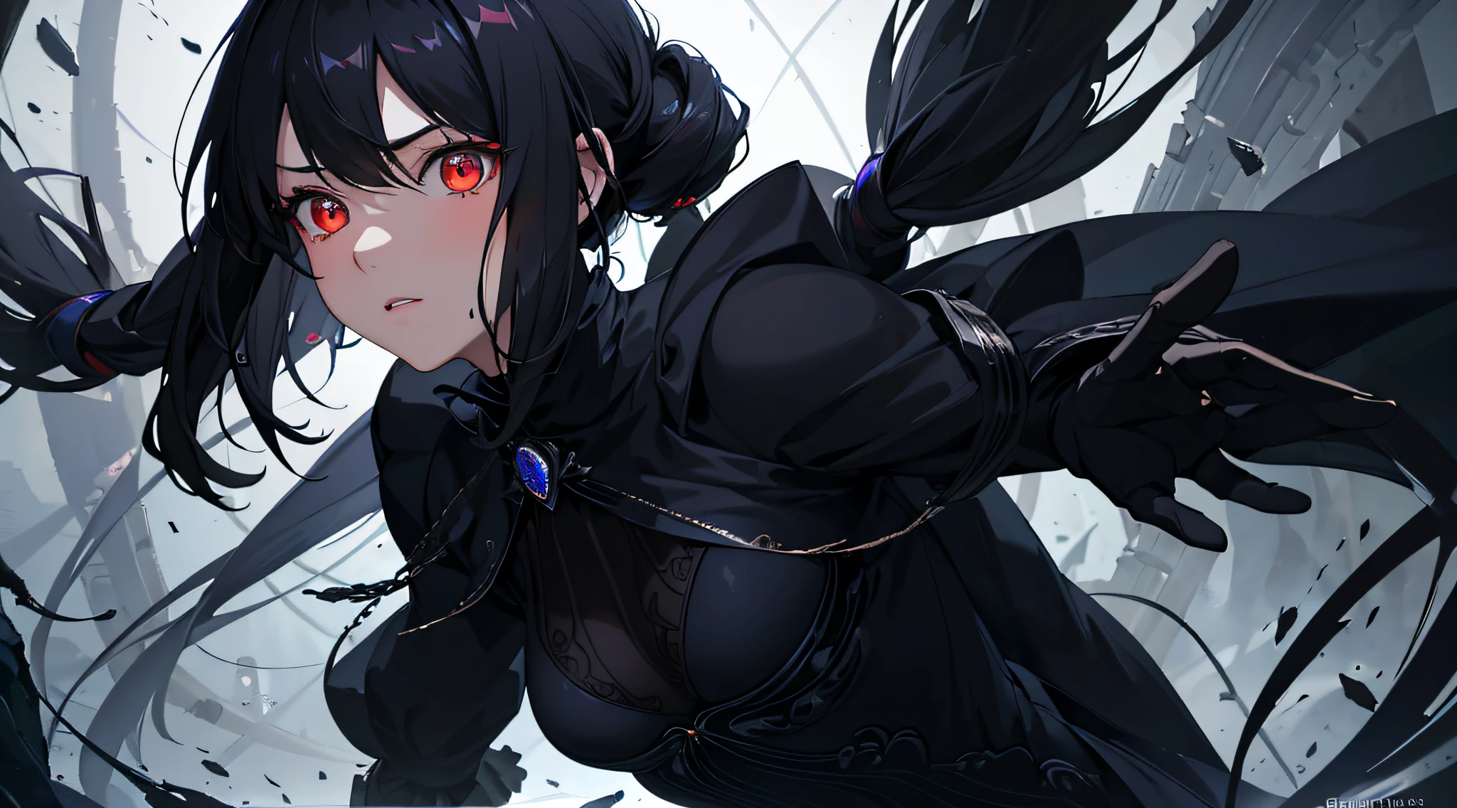 (masterpiece, best quality, ultra-detailed, best shadow), (detailed background,dark fantasy), (beautiful detailed face), high contrast, (best illumination, an extremely delicate and beautiful), ((cinematic light)), colorful, hyper detail, dramatic light, intricate details, (1 girl, solo,black hair, sharp face,low twintails,red eyes, hair between eyes,dynamic angle), blood splatter, swirling black light around the character, depth of field,black light particles,(broken glass),magic circle,