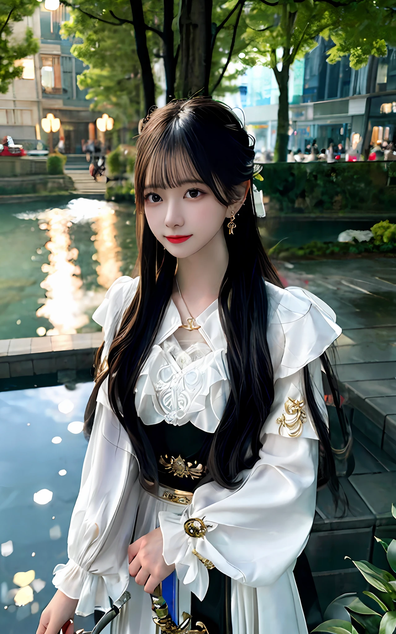 (realisticity: 1.2), best quality, masterpiece, highres, cg,
1girl, weapon, sword, long hair, dress, water, solo, jewelry, white dress, earrings, hair ornament, splashing, upper body super realistis, hair bun, black hair, city bacgraun realistis,
lighting,candid, Photograph, high resolution, 4k, 8k, Bokeh,