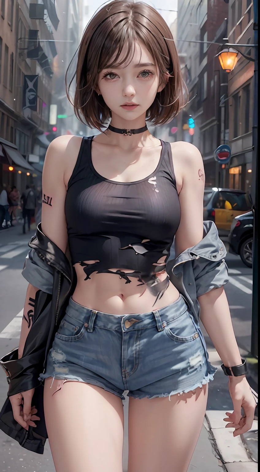 ((medium breast, tomboy girls, small head)),  (chiseled abs : 1.1), (perfect body : 1.1), (short wavy hair : 1.2) , auburn hair, collar, chain, full body shot, crowded street, wearing black tanktop, jeans jacket, (torn clothes:1.3)((shorts)), (extremely detailed CG 8k wallpaper), (an extremely delicate and beautiful), (masterpiece), (best quality:1.0), (ultra highres:1.0),  beautiful lighting ,perfect lightning, realistic shadows, [highres], detailed skin, ultra-detailed (((colorful))),(tattoo all:1.5),