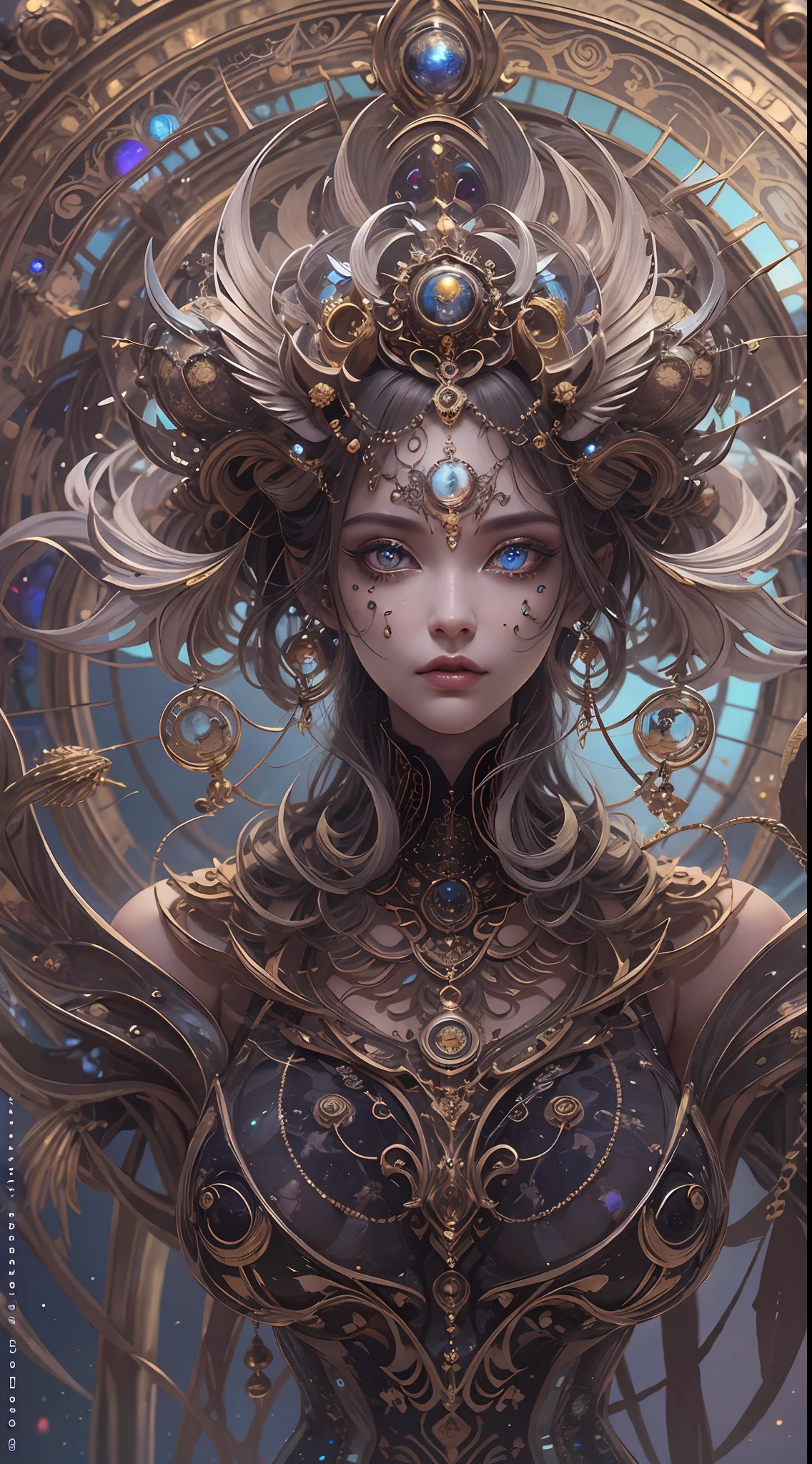 (best qualtiy,ultra - detailed,Most Best Illustration,Best shadow,tmasterpiece,A high resolution,professionalartwork,famousartwork),Detailed eyes,beautidful eyes,closeup cleavage,sci-fy,colored sclera,Robot eyes,face markings,Tattooed with,(fractalized,Fractal eyes),largeeyes,Wide eyes,(Eye focus),sface focus,Cosmic eyes,Space eyes,Close-up of metal sculpture of a woman with a moon in her hair,goddes。extremly high detail,3 d goddess portrait,Extremely detailed footage of the goddess,a stunning portrait of a goddess,Side image of the goddess,portrait of a beautiful goddess,Full body close-up portrait of the goddess,hecate goddess,portrait of a norse moon goddess,goddess of space and time